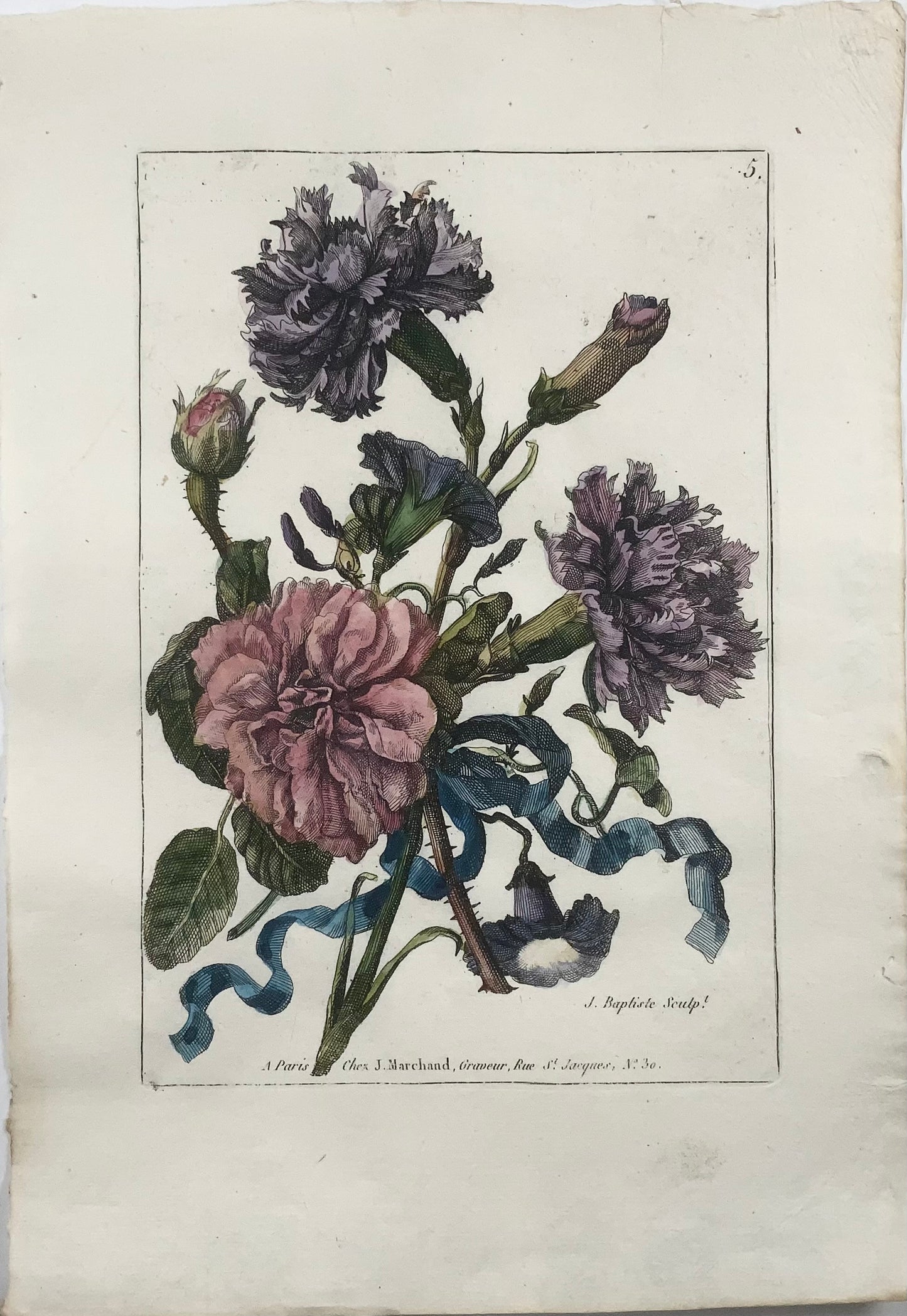 1780 Bouquet Floral, Jean-Baptiste Coste, roses, coloriées à la main, botanique