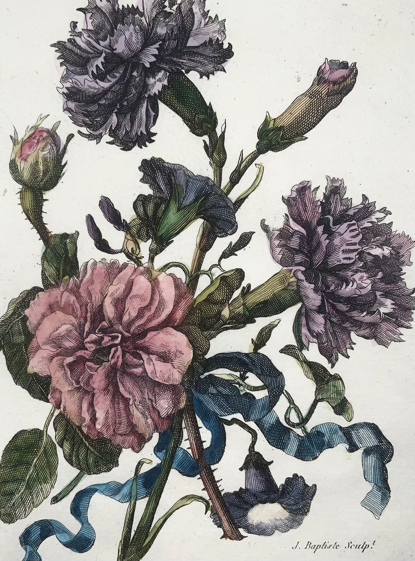 1780 Bouquet Floral, Jean-Baptiste Coste, roses, coloriées à la main, botanique