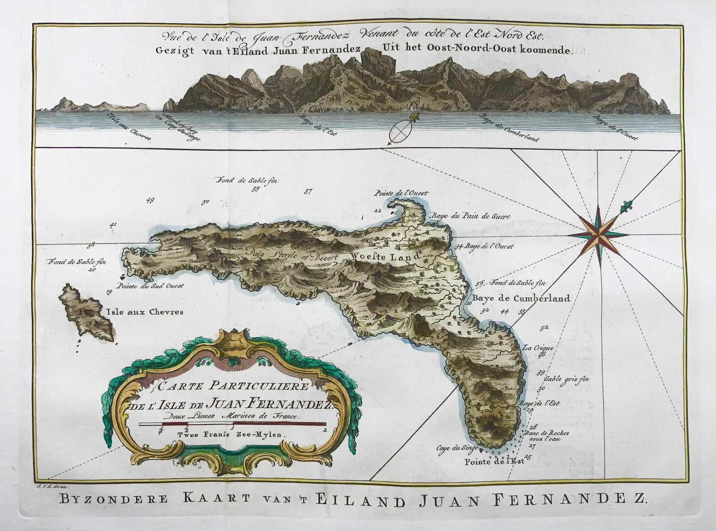 1741 Island of Juan Fernandez, Chile, Schley, hand colored map