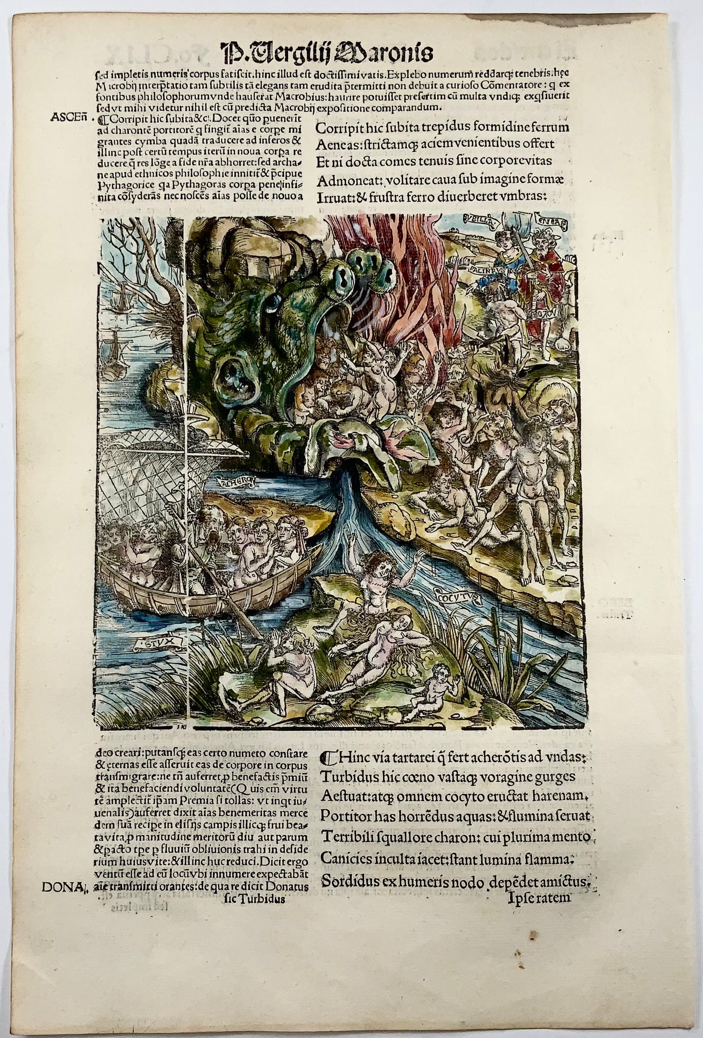 1515 The Underworld, Folio Gruninger woodcut leaf, Virgil’s Aeneid, hand colour, master engraving