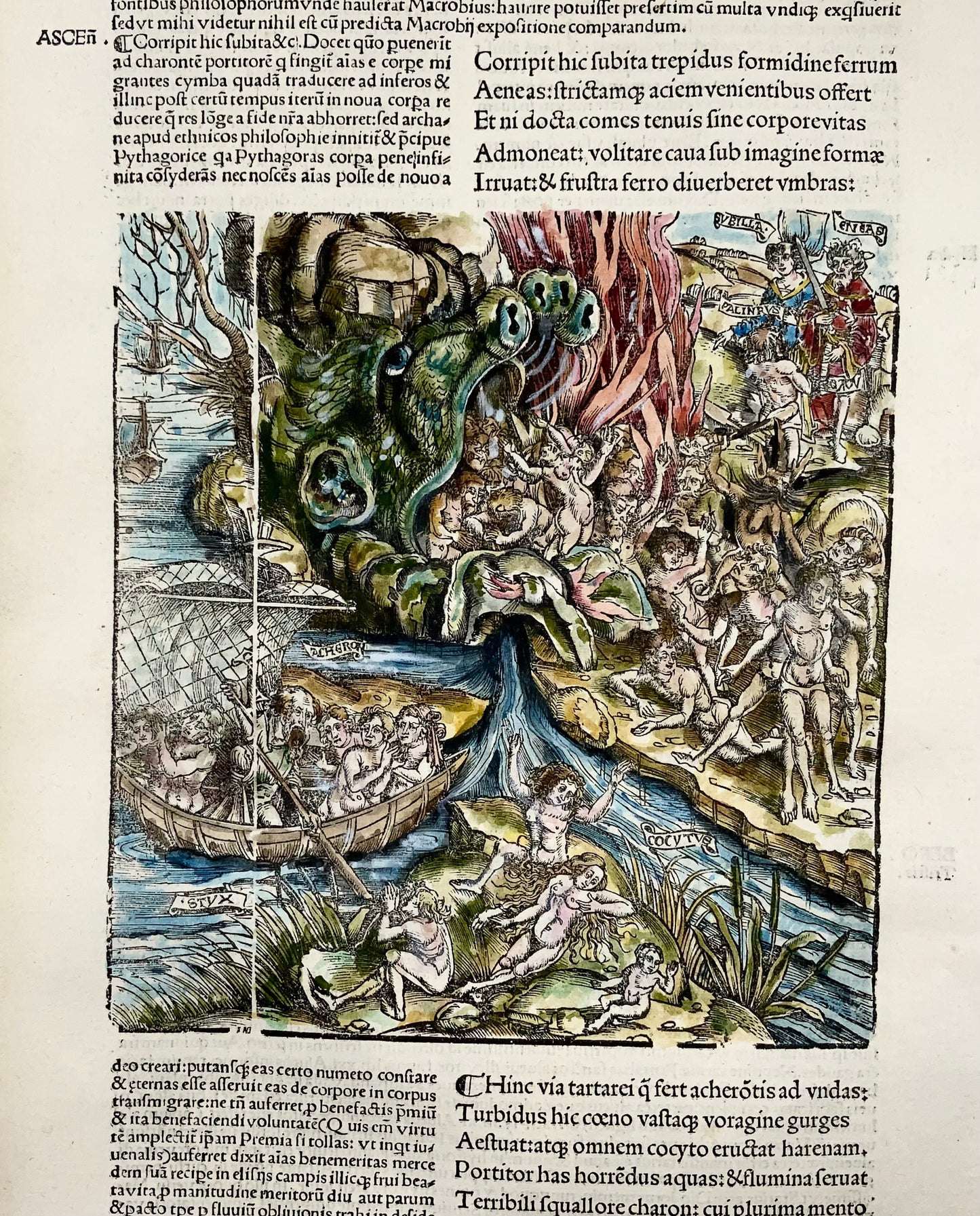 1515 Les Enfers, feuille gravée sur bois Folio Gruninger, L'Énéide de Virgile, couleur à la main, gravure de maître