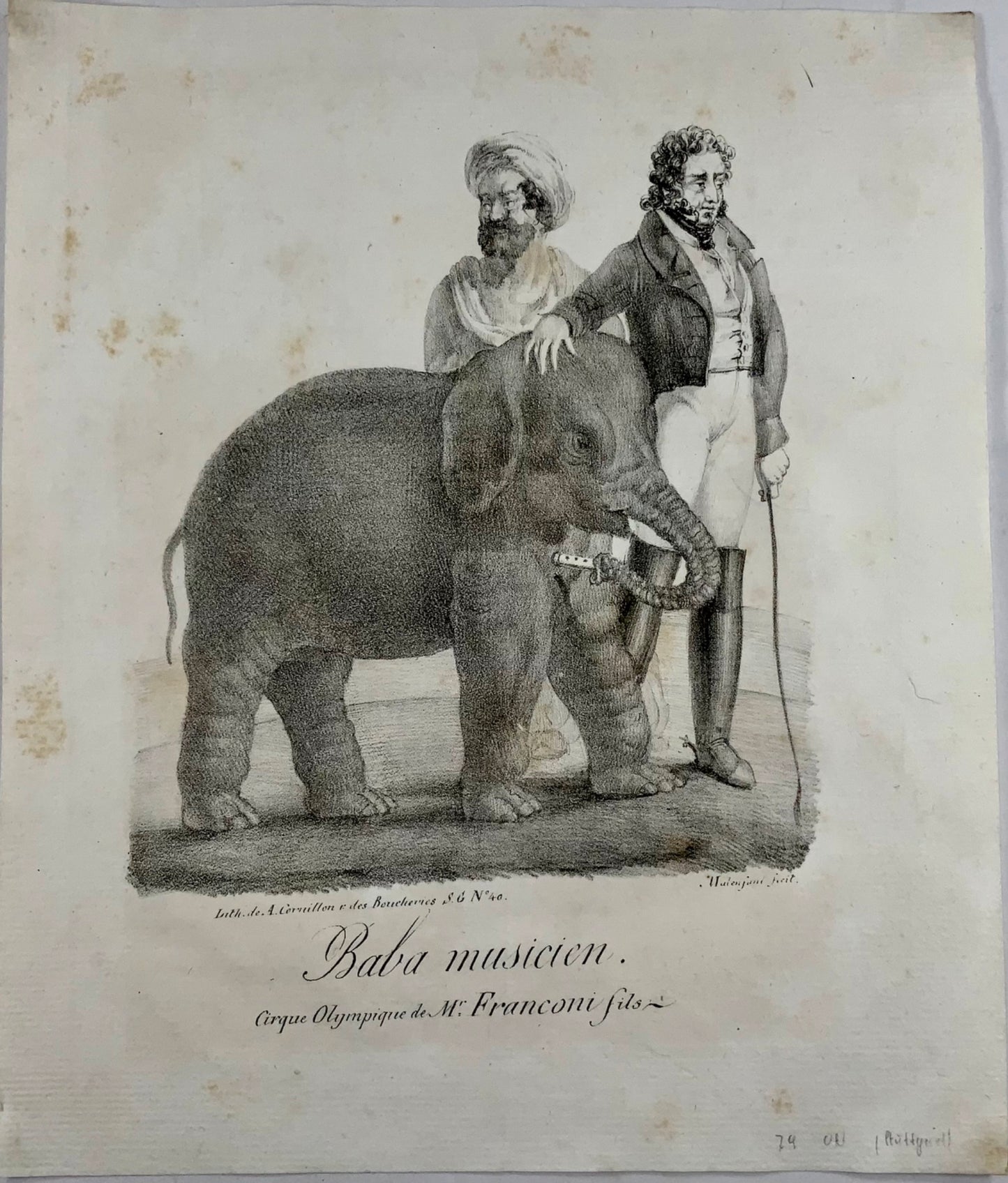 1820c Baba Musical Elephant, Cirque Olympique, Hand bill, stone lithograph, mammal