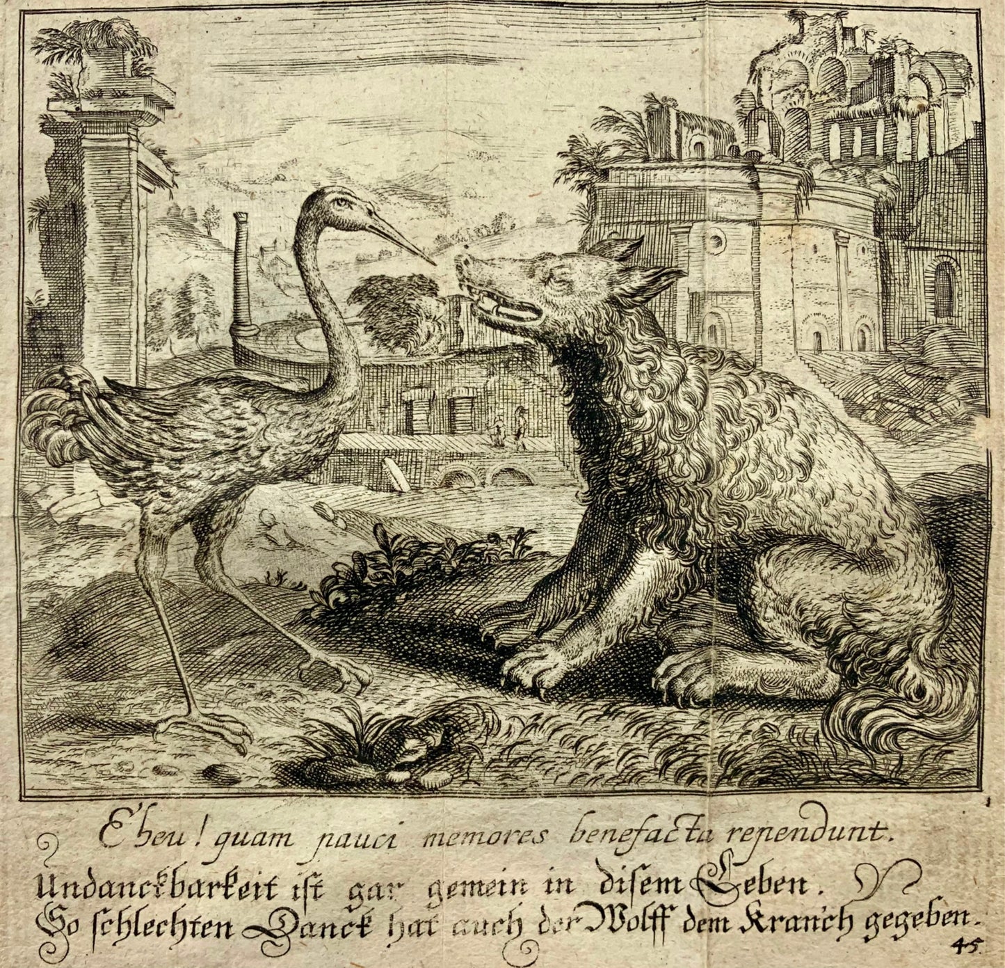 1689 Christoph Schmidts, emblem engraving, The Crane and the Wolf, Aesop