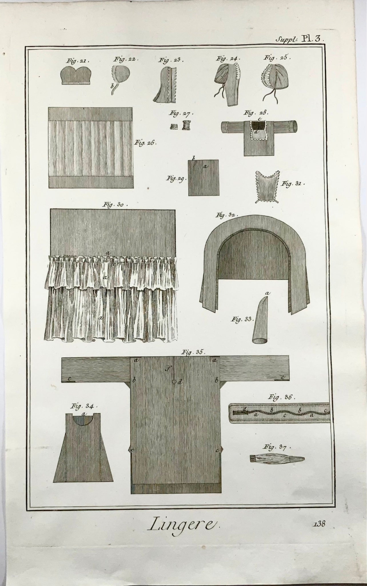 1771 Set of 4 engraving by Diderot: Lingerie, stitching, nightwear, patterns