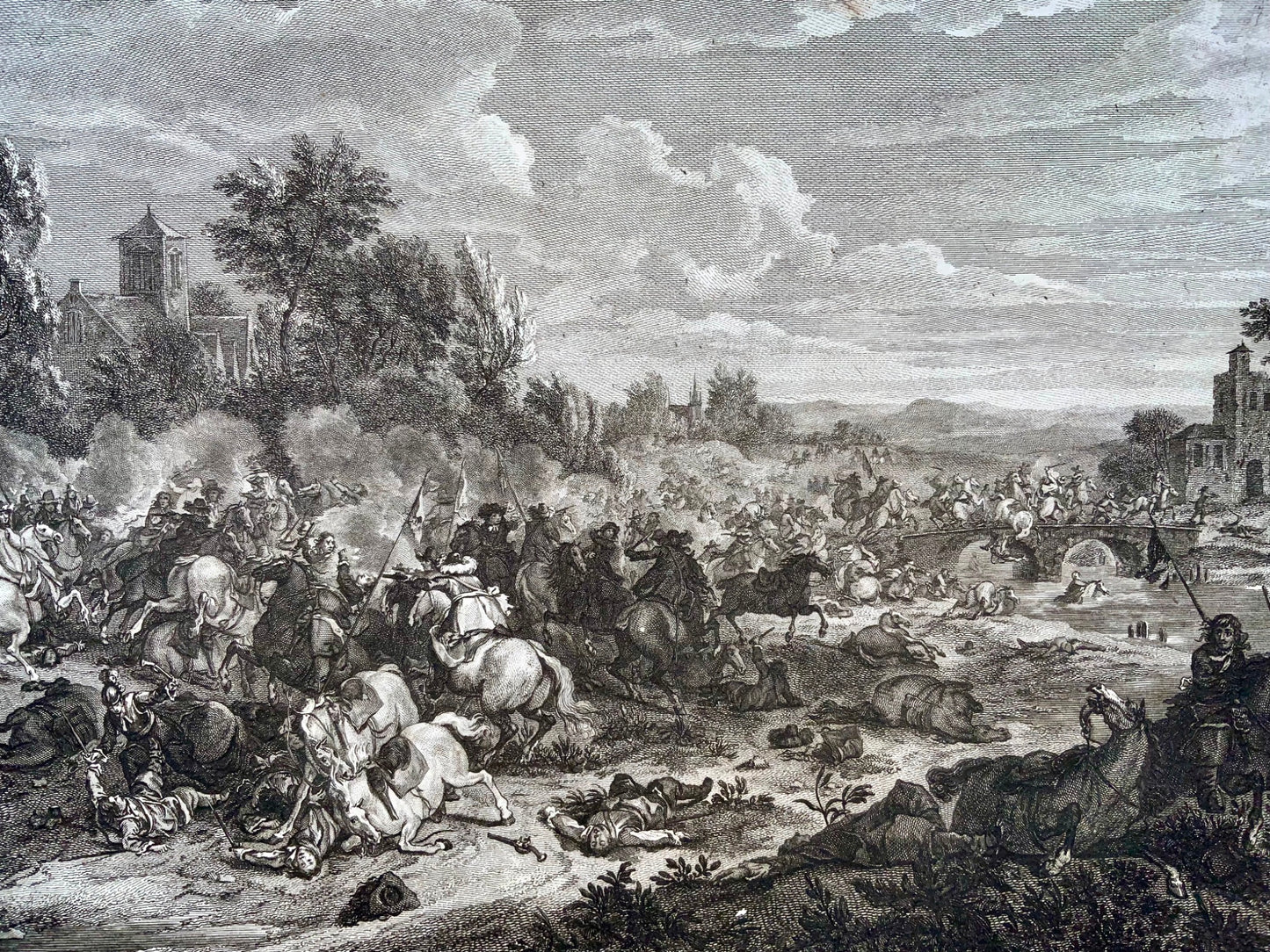 1775 van der Meulen, Battle scene on a river bank, etching and engraving