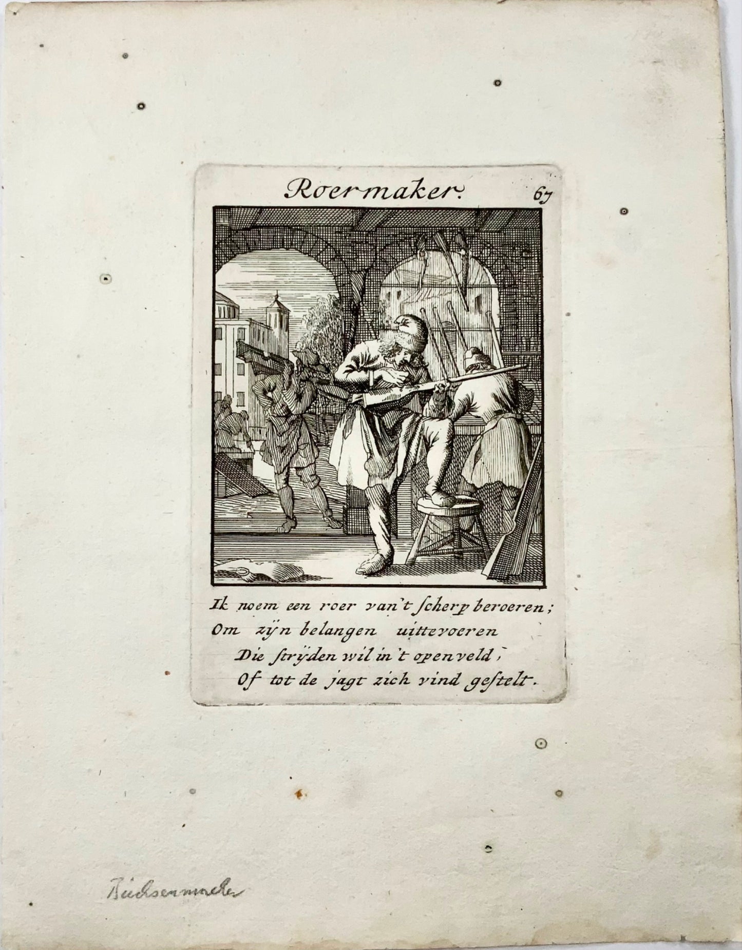 1695 Caspar Luyken, "De Roermaaker" Büchsenmacher Gunsmith Rifle trade engraving