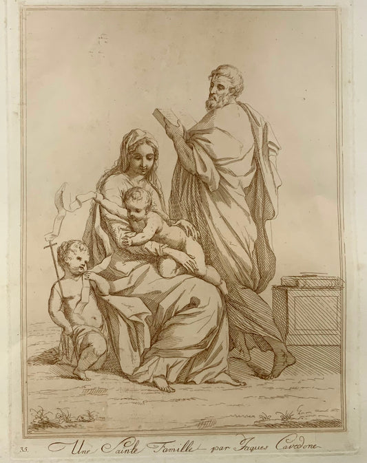 1781 Giacomo Cavedone, after, Une Sainte Famille, toned etching, religious art