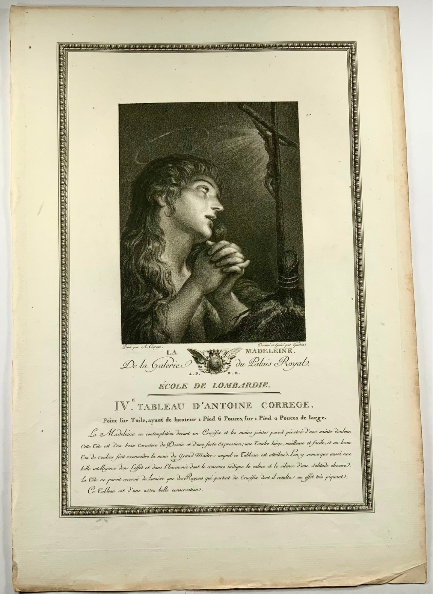 1786 Saint Mary Magdalen, Correge, 45cm engraving by Guerin, religious art