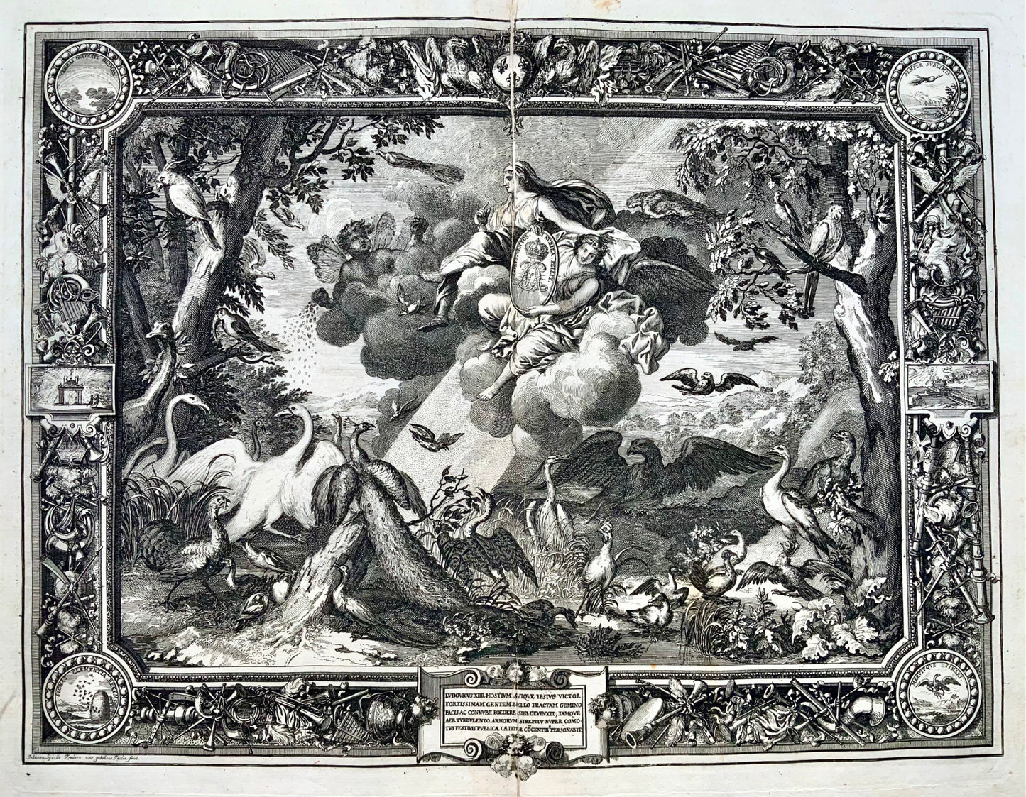 1679 Wind, double page allegorical tapestry engraving, Le Brun; Le Clerc, birds