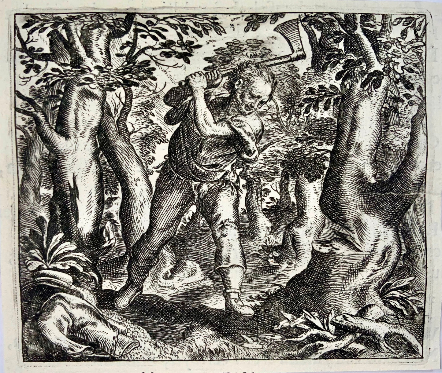 1617 Gheeraerts, Master Engraving, Aesop: The Woodcutter, fable