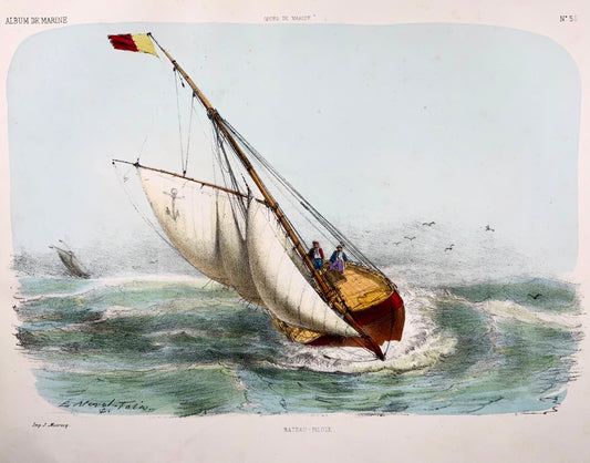 1865 c. Sailing Boat, yacht, folio stone lithograph, hand colour