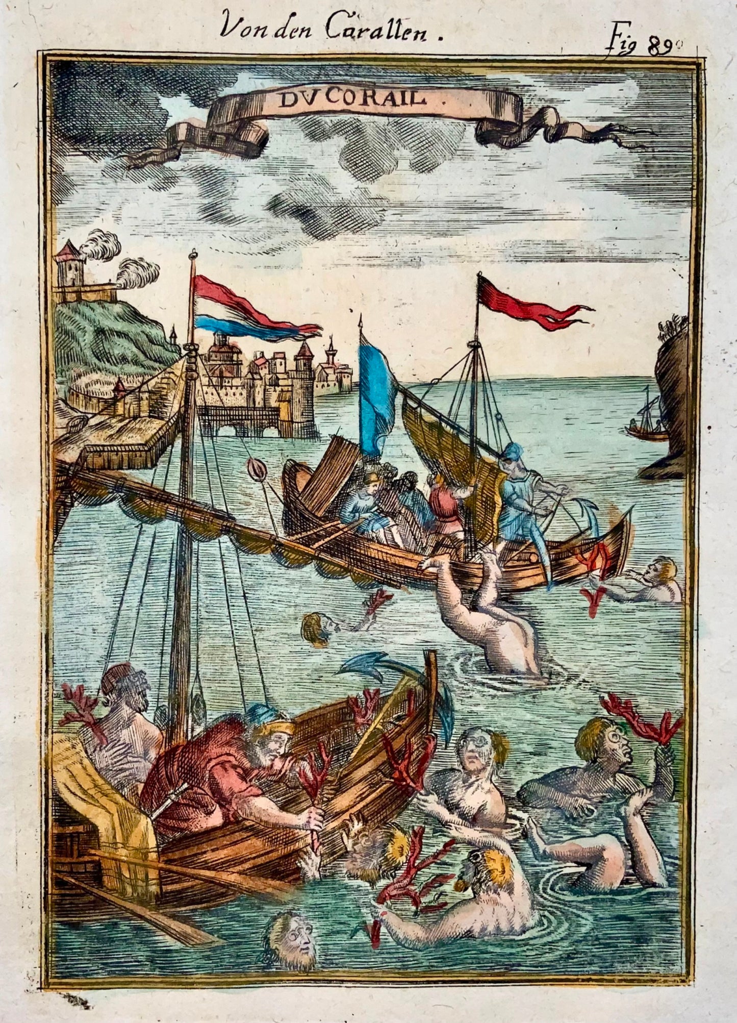 1719 Coral fishing (or diving), Mallet, Hand coloured copper engraving