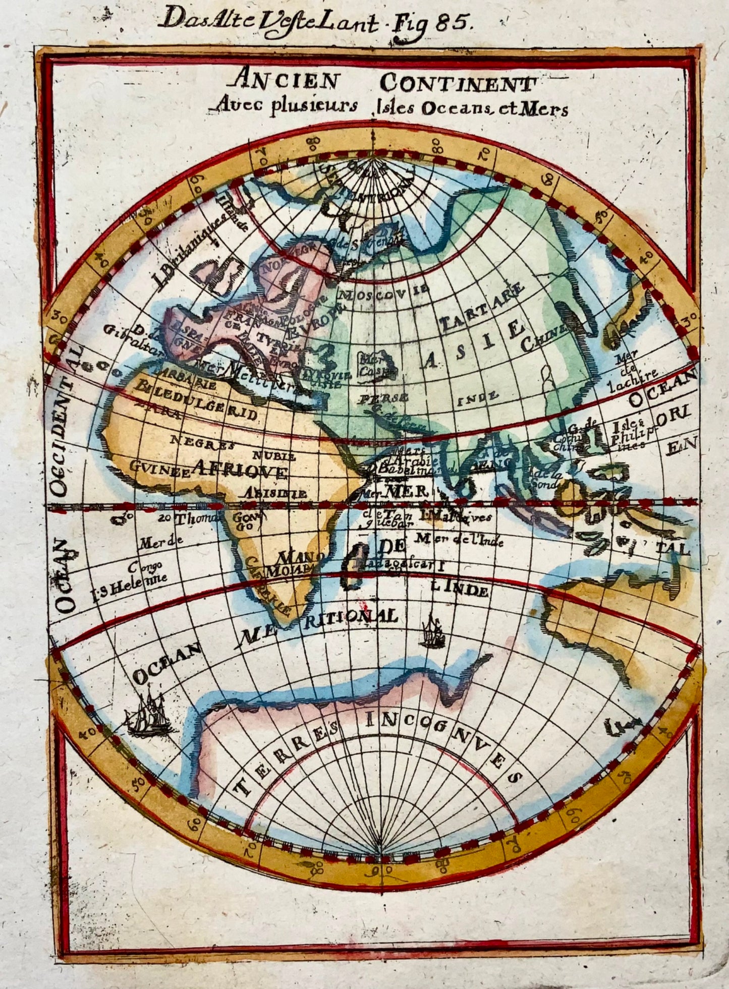 1719 Eastern Hemisphere, Globe, Mallet, hand coloured, map