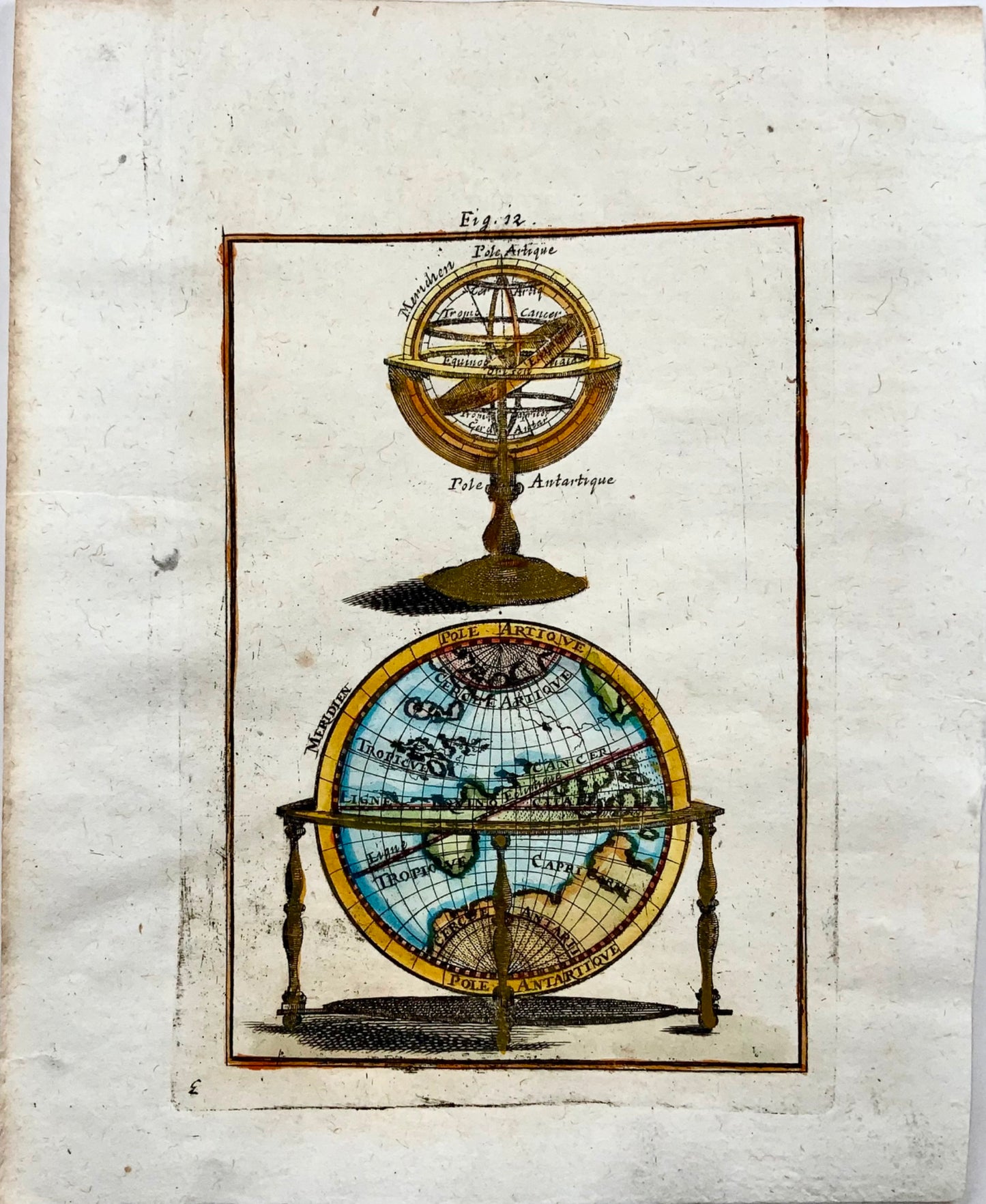 1719 Armillary and World Globes, Mallet, hand coloured, map