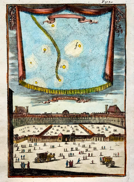 1719 Planets & Tuileries Palace Paris, Mallet, hand col., celestial map