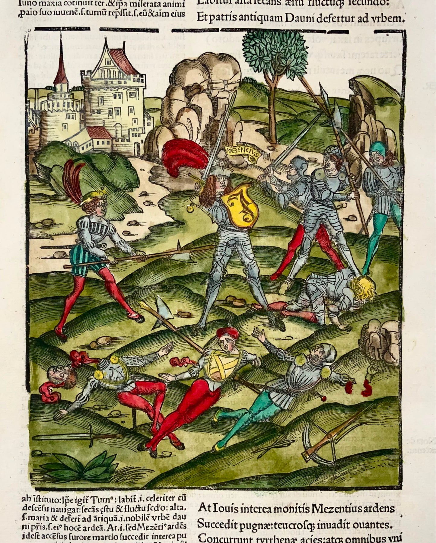 1517 Folio Gruninger woodcut leaf from Virgil’s Aeneid, Battle Scene, mythology,