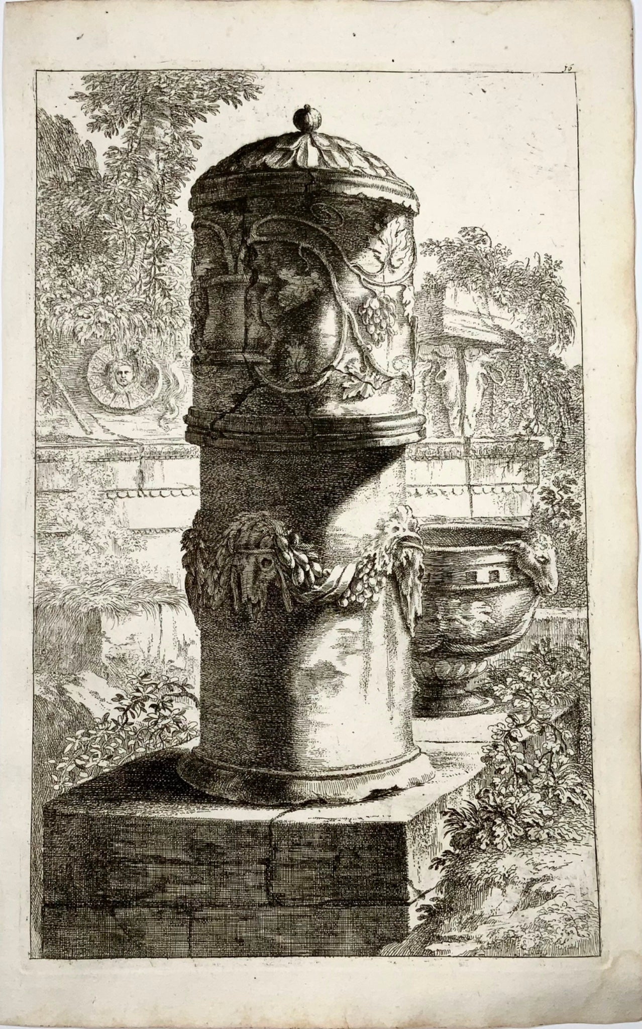 1676 J.J. Sandrart, Collin, Classical Urn & Bowl, Roman Ruins