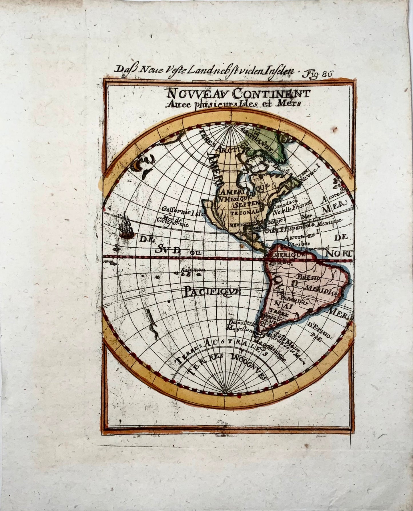 1719 Western Hemisphere, Globe, Mallet, hand coloured, map