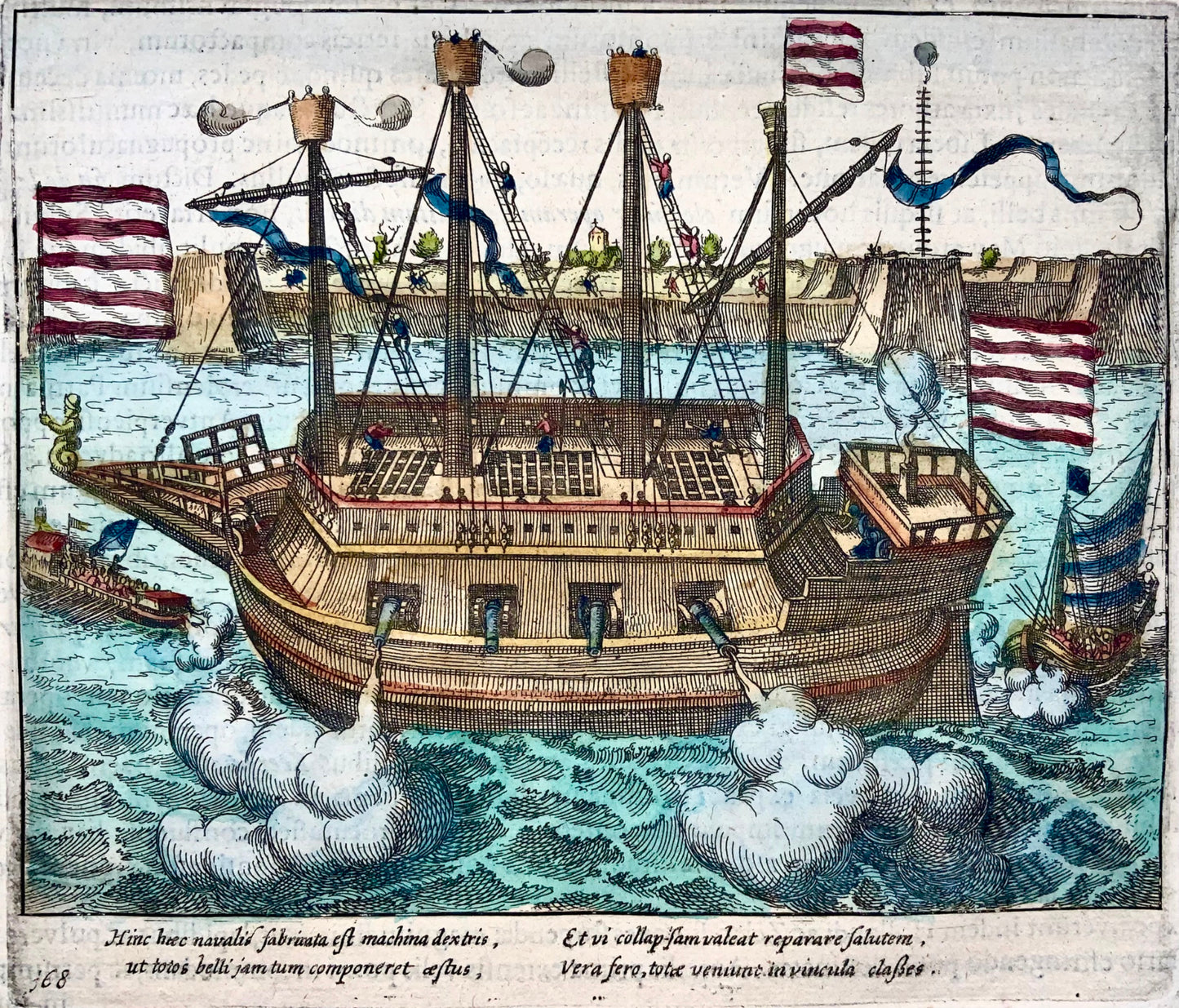 1622 Frans Hogenberg, armoured ship ‘Fin de la guerre’, fine copper engraving, military history