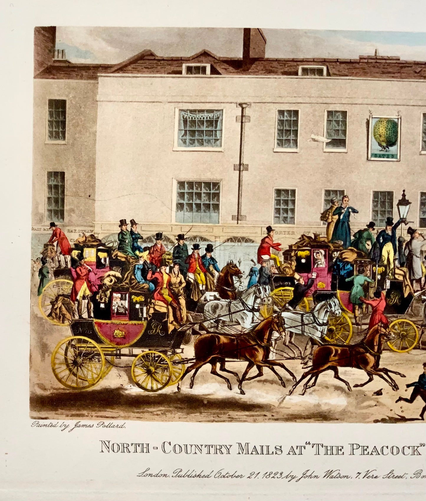 1823 Pollard; Sutherland, Post Carriage at Islingtion, Londres, aquatinte, topographie, transport