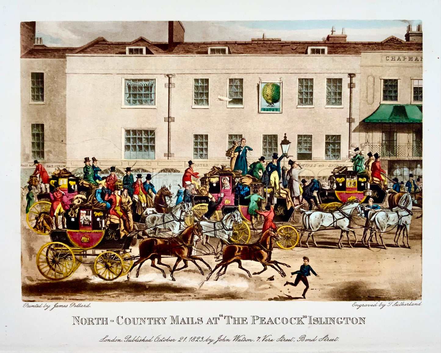 1823 Pollard; Sutherland, Post Carriage at Islingtion, Londres, aquatinte, topographie, transport