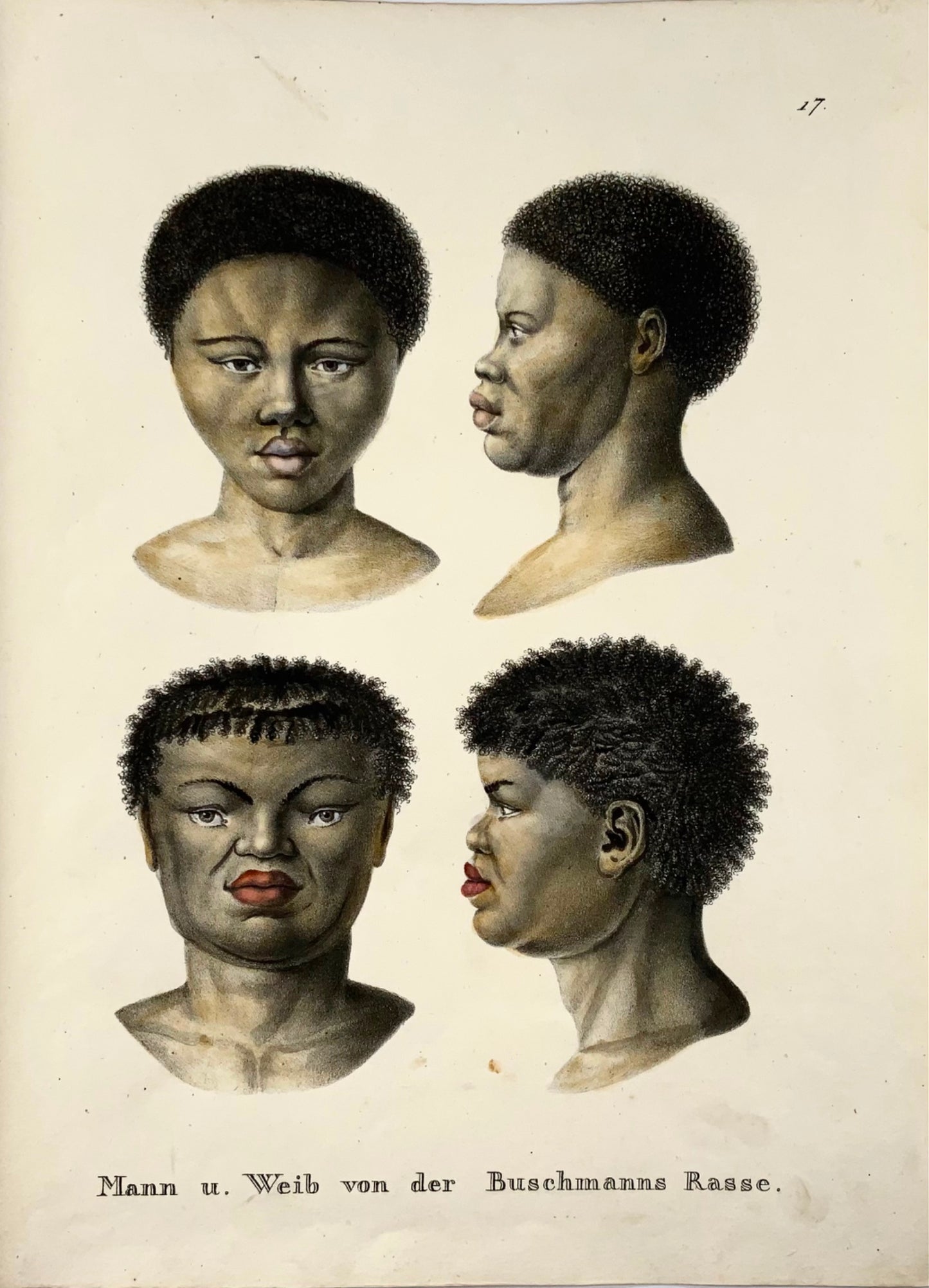 1824 Autochtones africains, bushmen, KJ Brodtmann, coul. à la main, lithographie, ethnologie