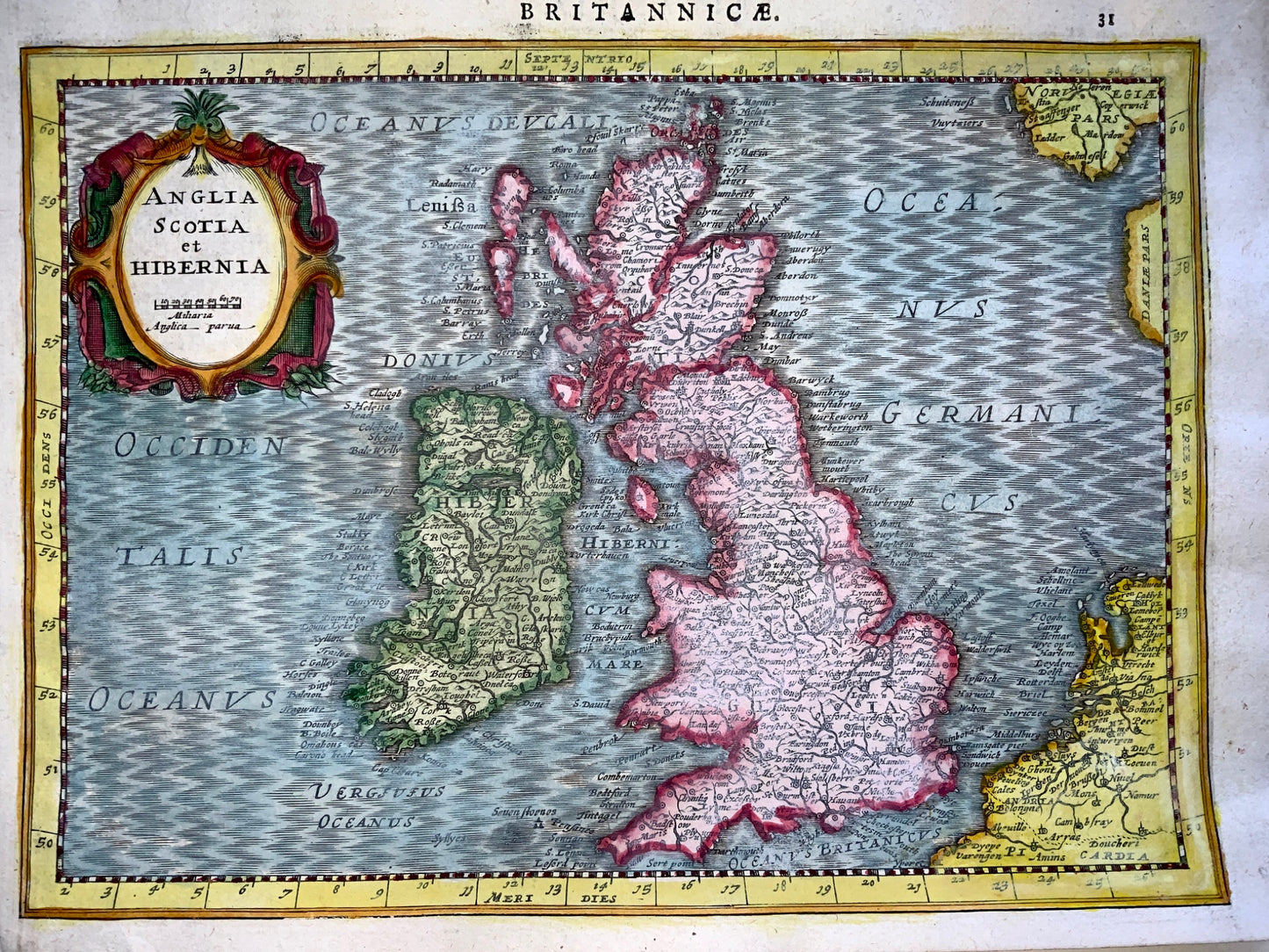 1632 Mercator/Cloppenburgh: "Anglia Scotia et Hibernia" hand coloured map