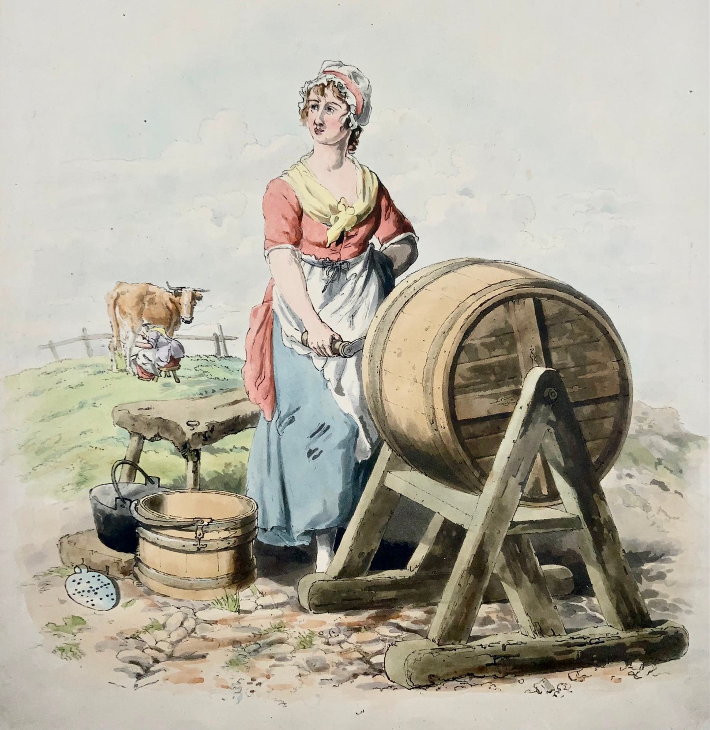 1805 Milk Maid, beurre, traite, Wm Miller, aquatinte in-folio avec couleur à la main, agriculture, métiers