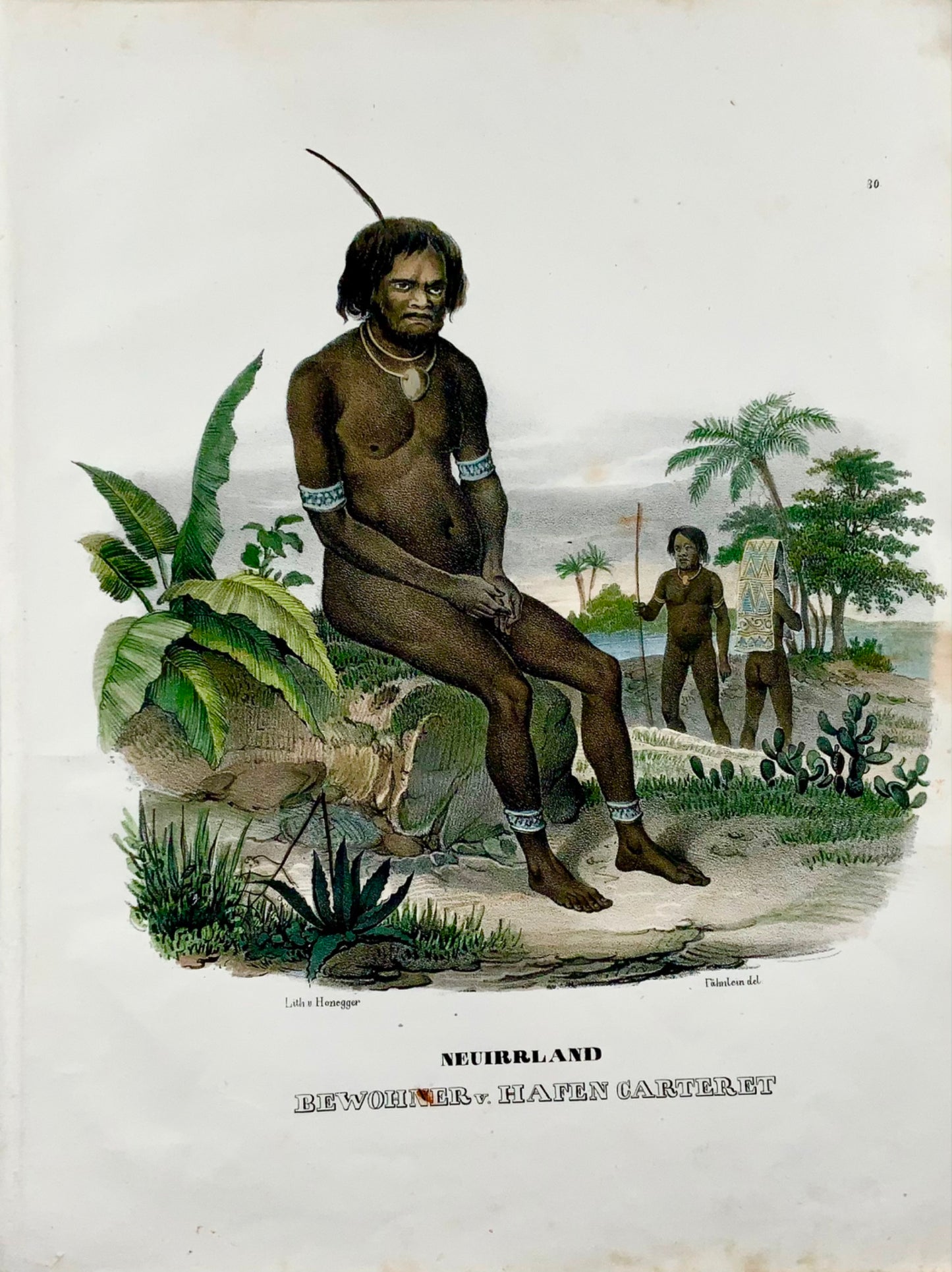 1840 Natives of Papua-Neuguinea, Honegger, hand coloured folio stone lithography