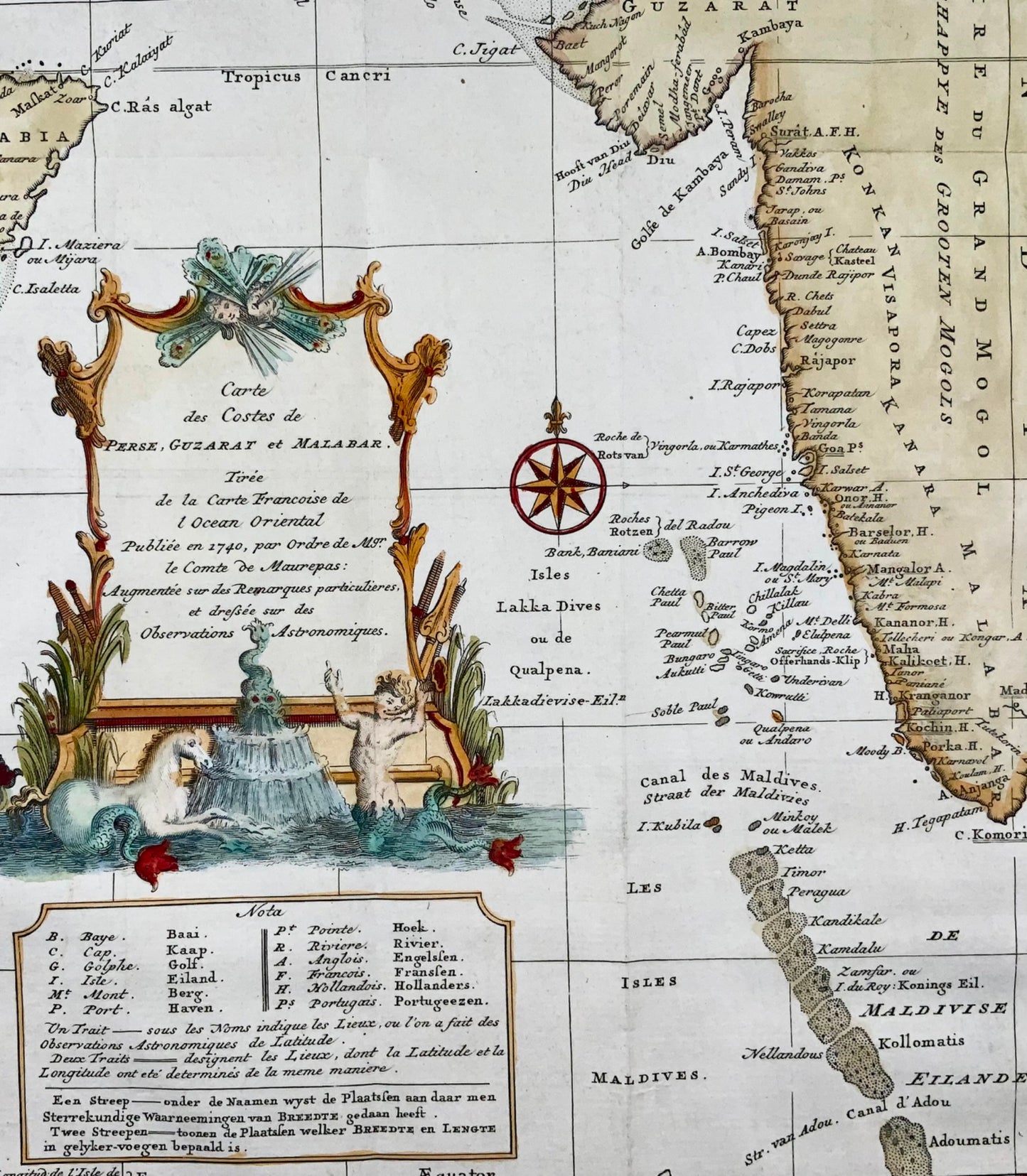 1749 Bellin, Schley, carte de l'océan Indien, des Maldives, de l'Inde, du Pakistan, de l'Iran, topographie étrangère