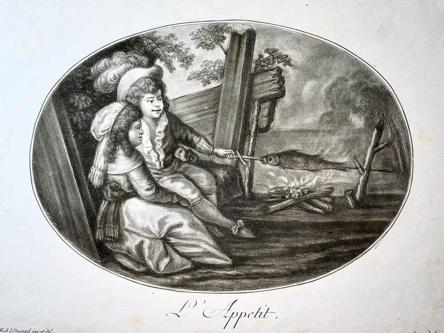 1780c J.M. Daenzel, Haid, L’Appetit, L’Avidite, fish, food, 2 stipple engravings