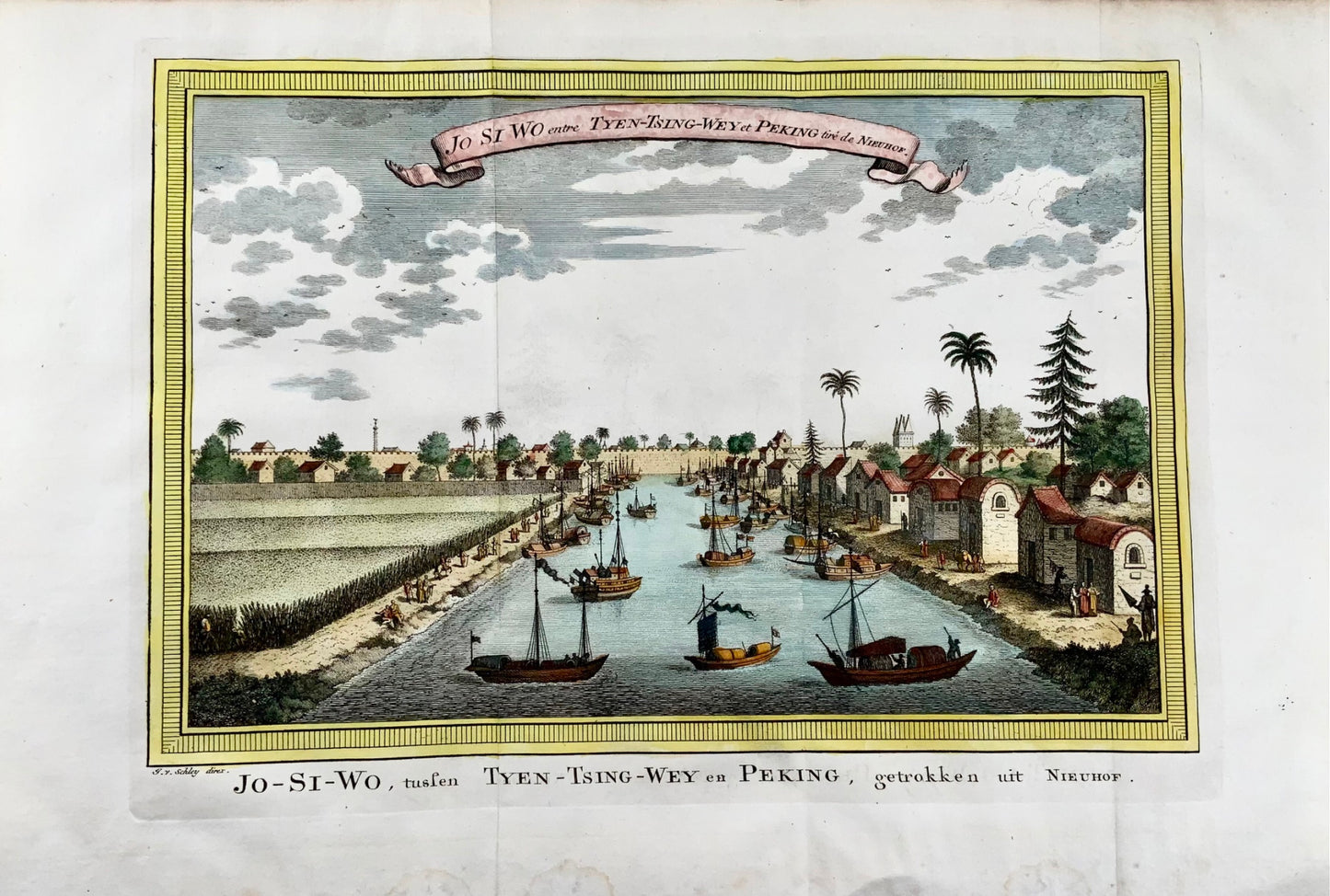 1749 Pékin, Chine, Pékin, J. van Schley, couleur à la main, gravure panoramique, carte