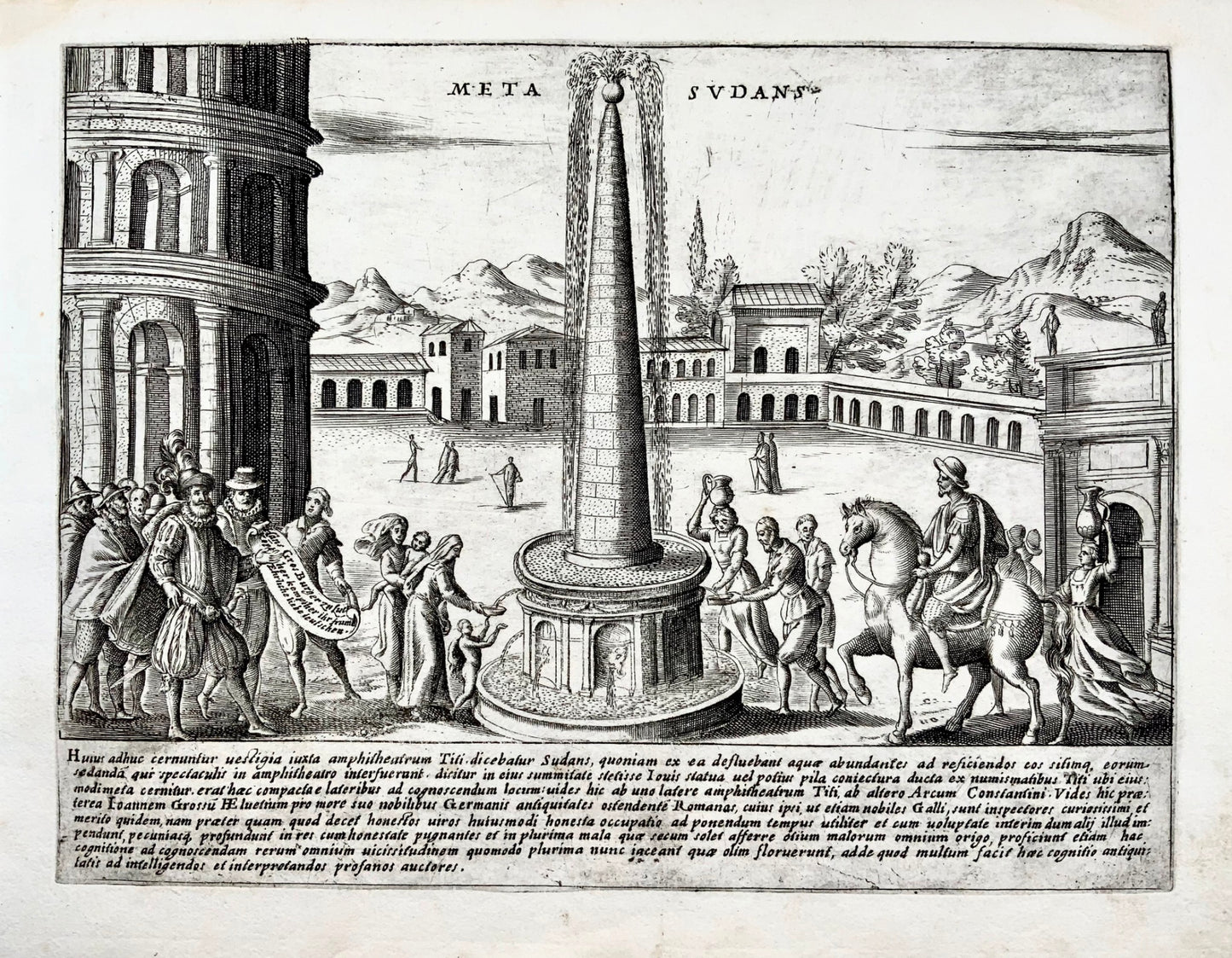 1624 Lauro, Meta Soudans, près du Colisée, Rome Italie, gravure sur cuivre