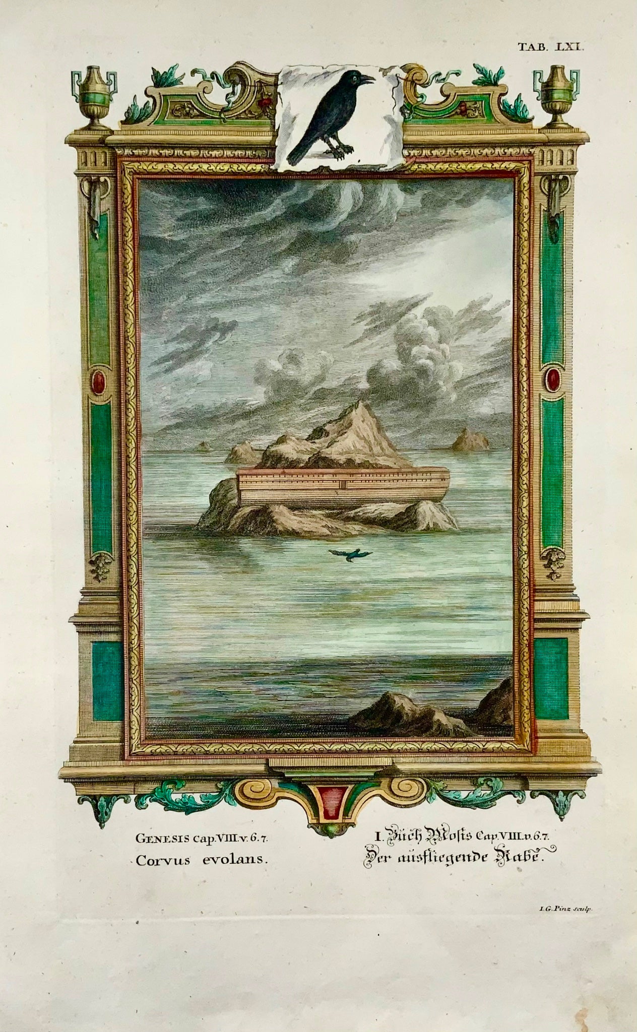 1735 Arche de Noé, corbeau, JJ Scheuchzer, gravure biblique, folio, coloré à la main