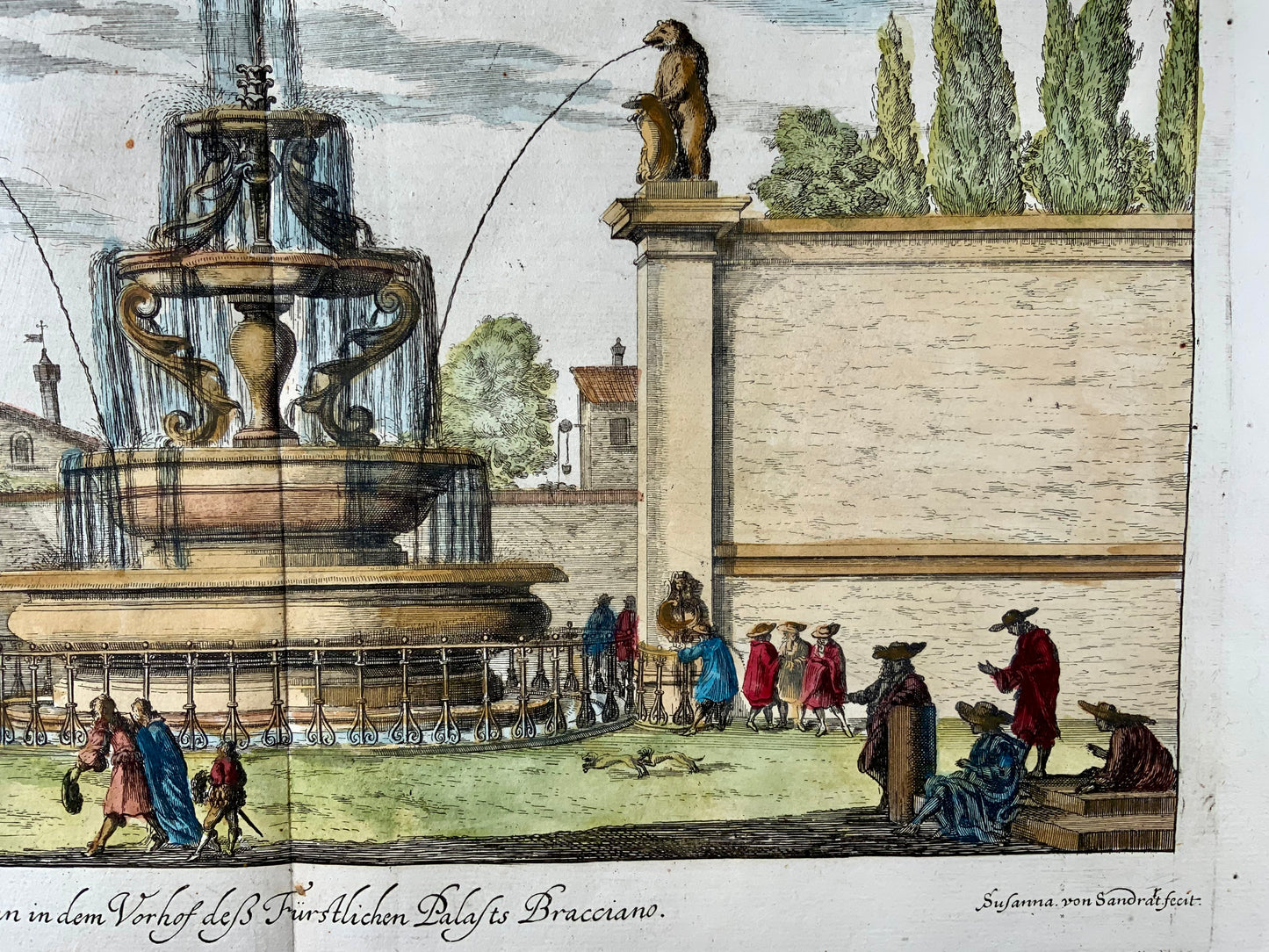 1679 Susanna von Sandrart, Fountain Bracciano in Rome, Italy, hand colored double folio, classical architecture