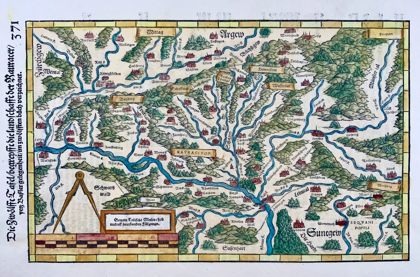 1548 Jean. Stumpf, Rhin, Allemagne, Suisse, carte gravée sur bois folio