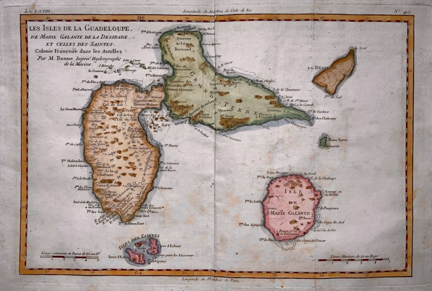 1780 Bonne, Caribbean Islands of Guadeloupe & Martinique hand coloured map