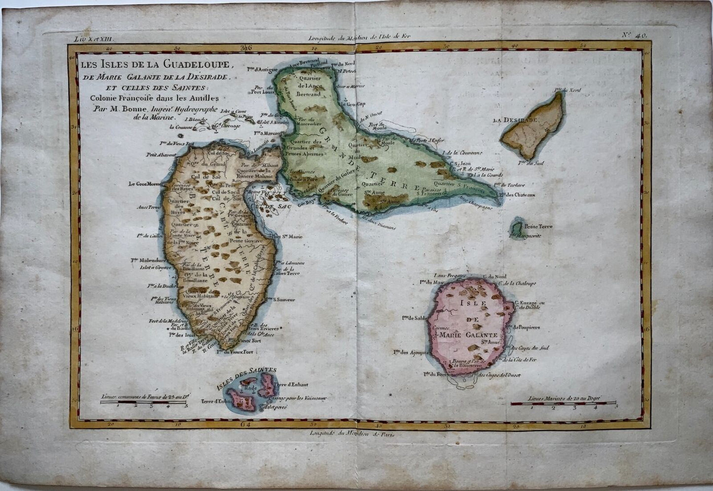 1780 Bonne, Îles des Caraïbes de Guadeloupe et Martinique carte colorée à la main