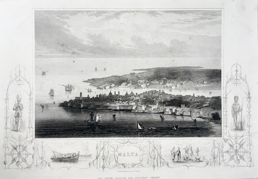 1809 Bibby, gravure sur acier de Malte, du port de La Valette et de vignettes