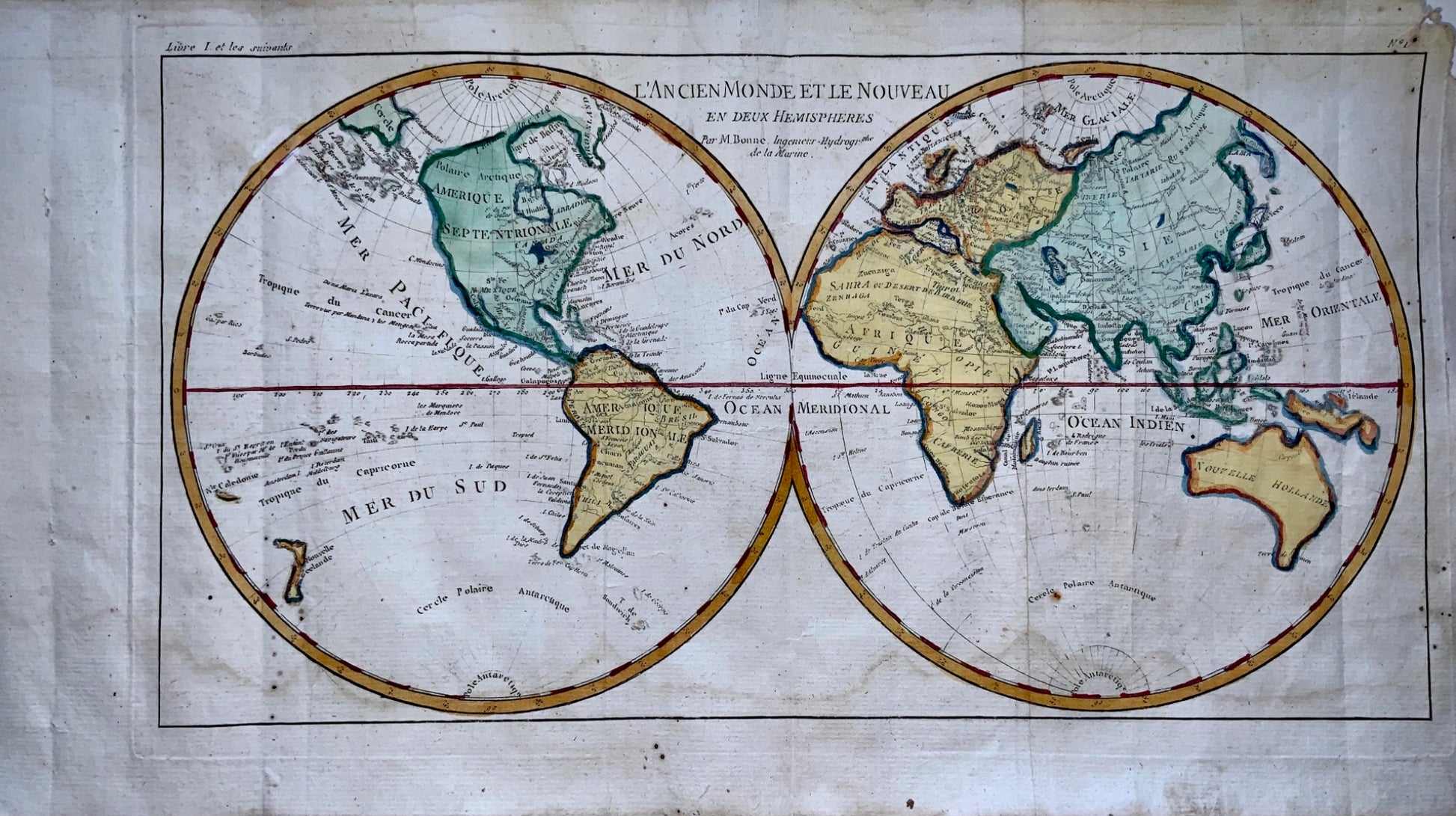 1780 Bonne - DOUBLE HEMISPHERE WORLD MAP - hand coloured engraved map