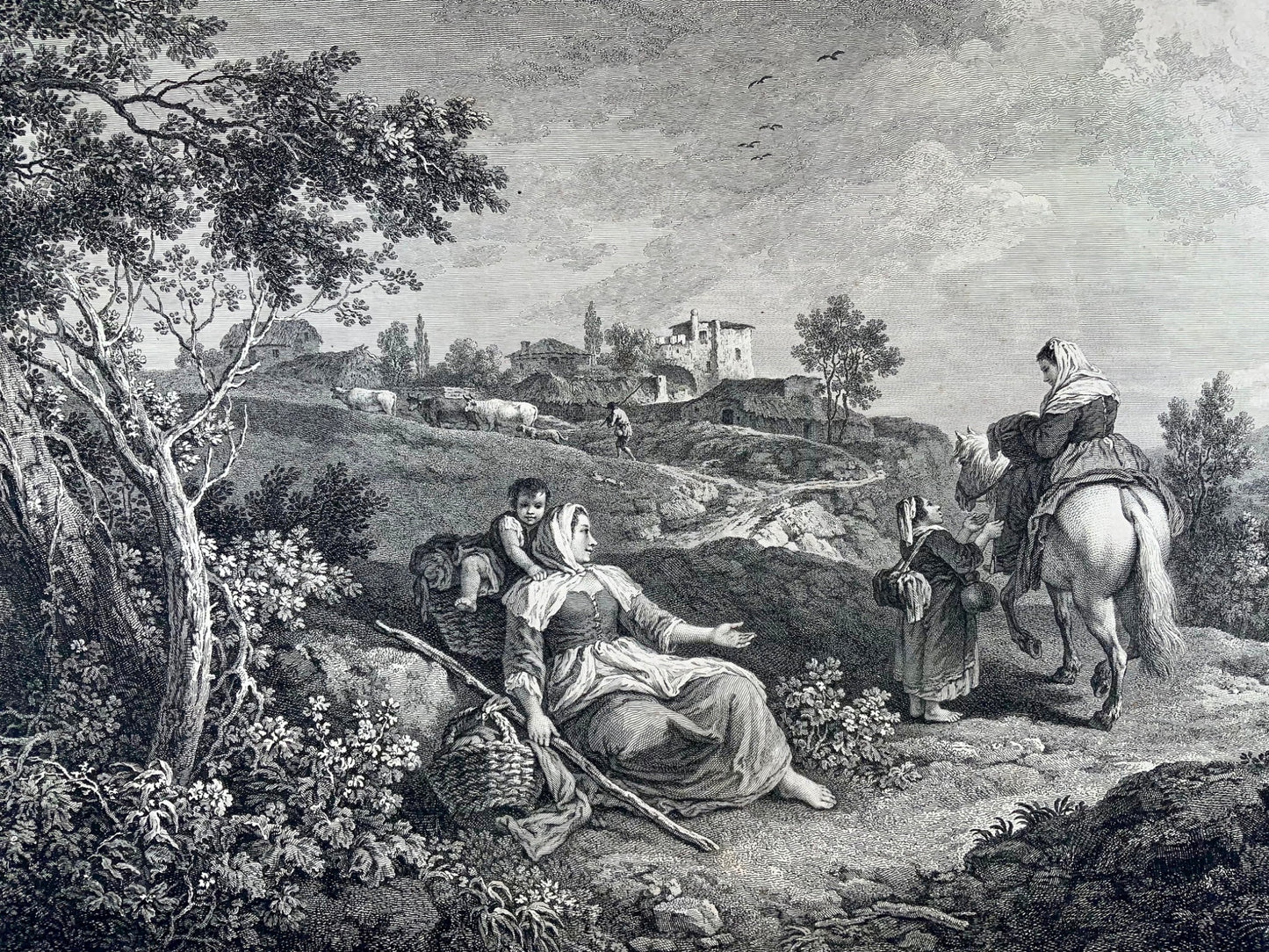 1753 F. Zuccarelli, scène pastorale à l'italienne, grande gravure impressionnante, art classique