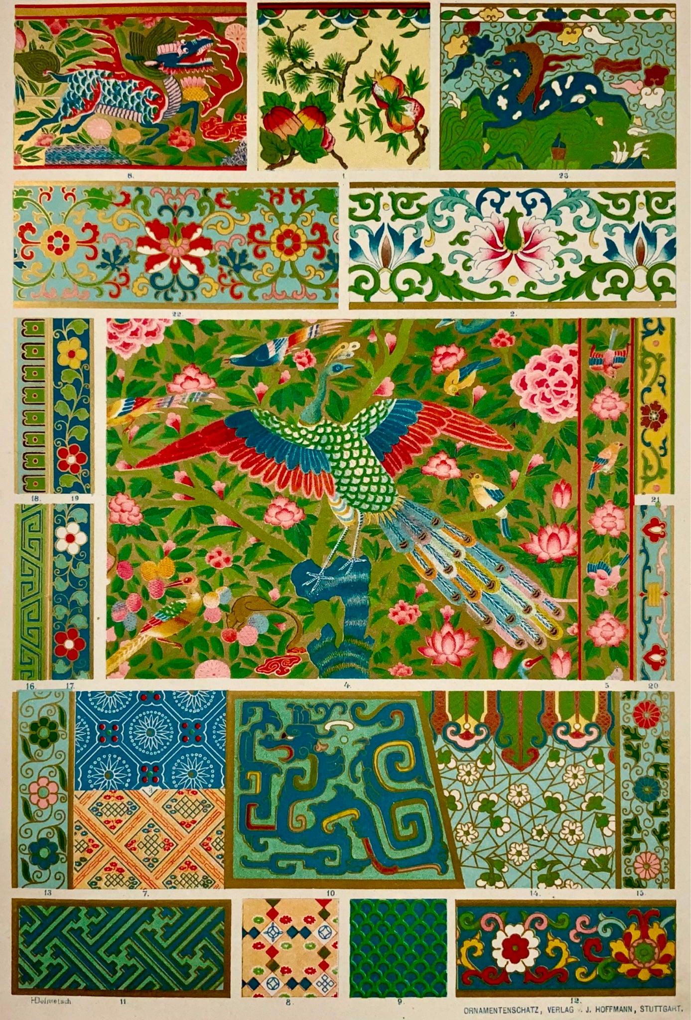 1887 Art et textiles chinois, chromolithographie in-folio rehaussée d'or