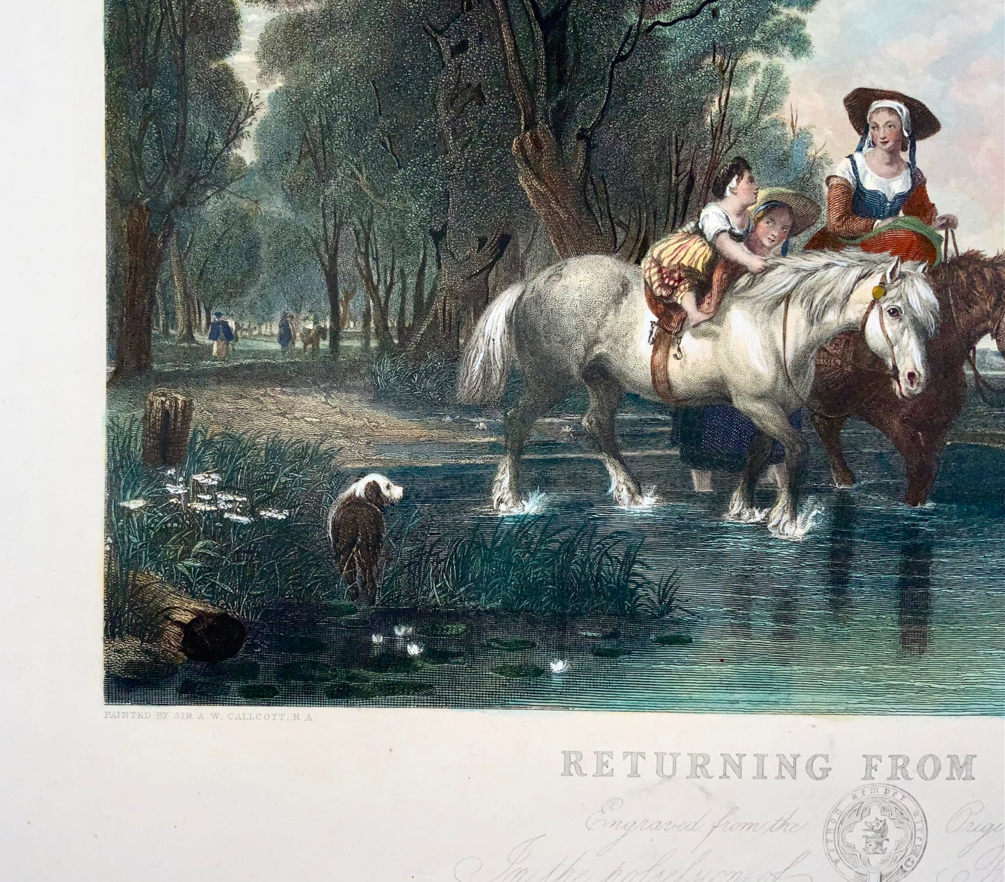 1845 Returning from Market, A.W. Calcott, very large 55cm coloured engraving, landscape