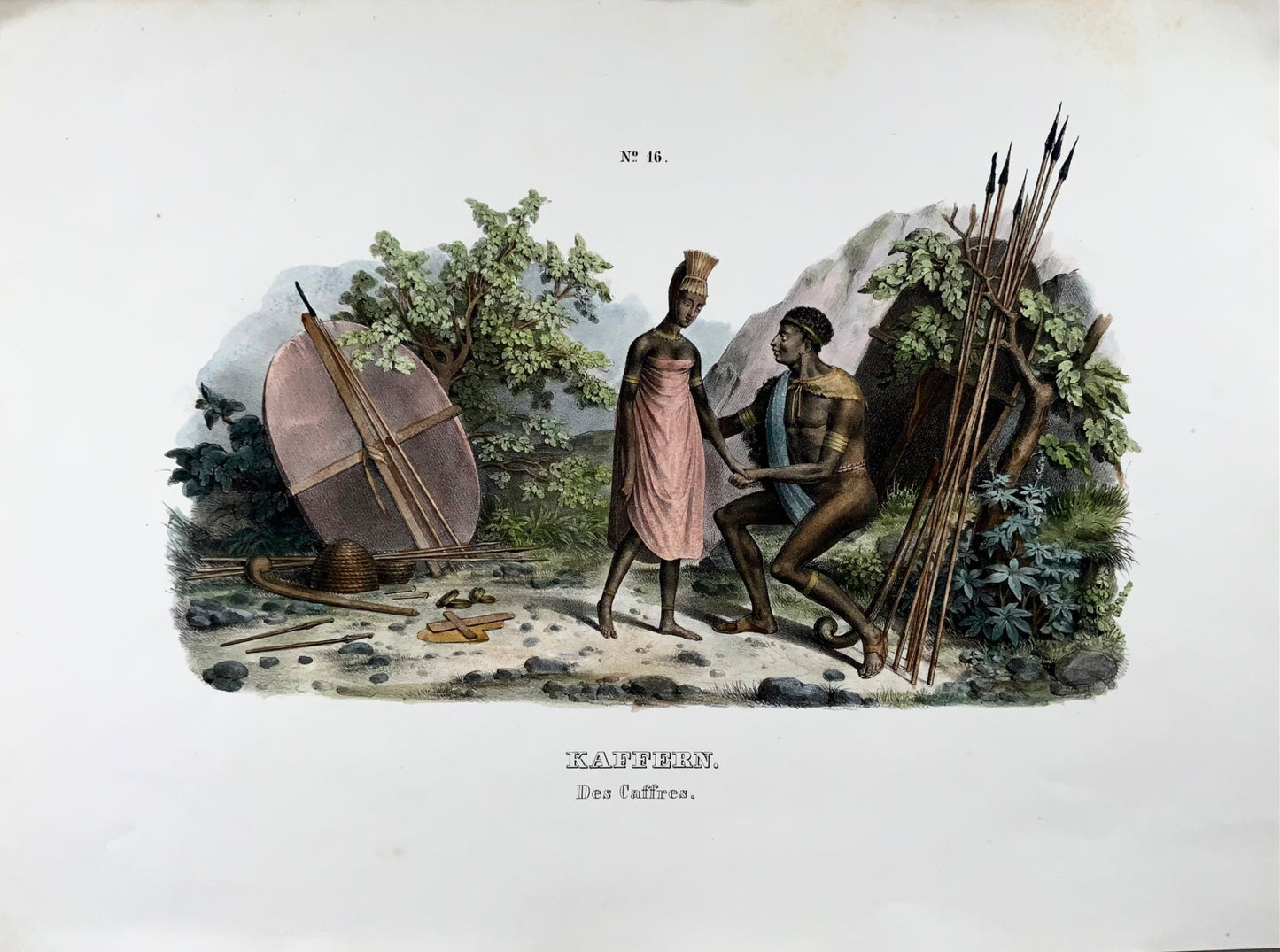1840 indigènes sud-africains, Brodtmann, lithographie en pierre folio colorée à la main, ethnologie