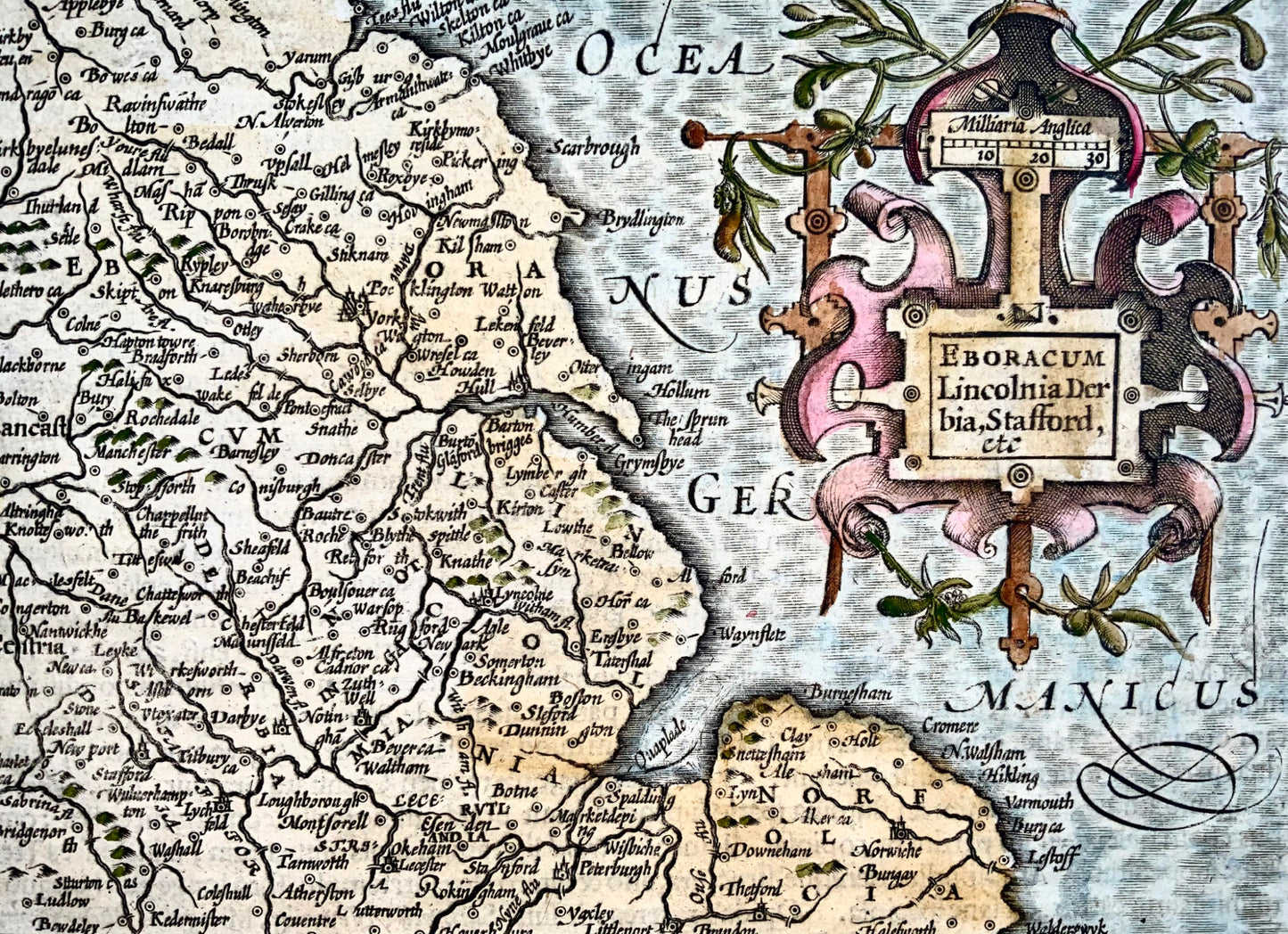 1610 Norfolk, Lincolnshire, Cambridgeshire. Carte coloriée à la main par Hondius