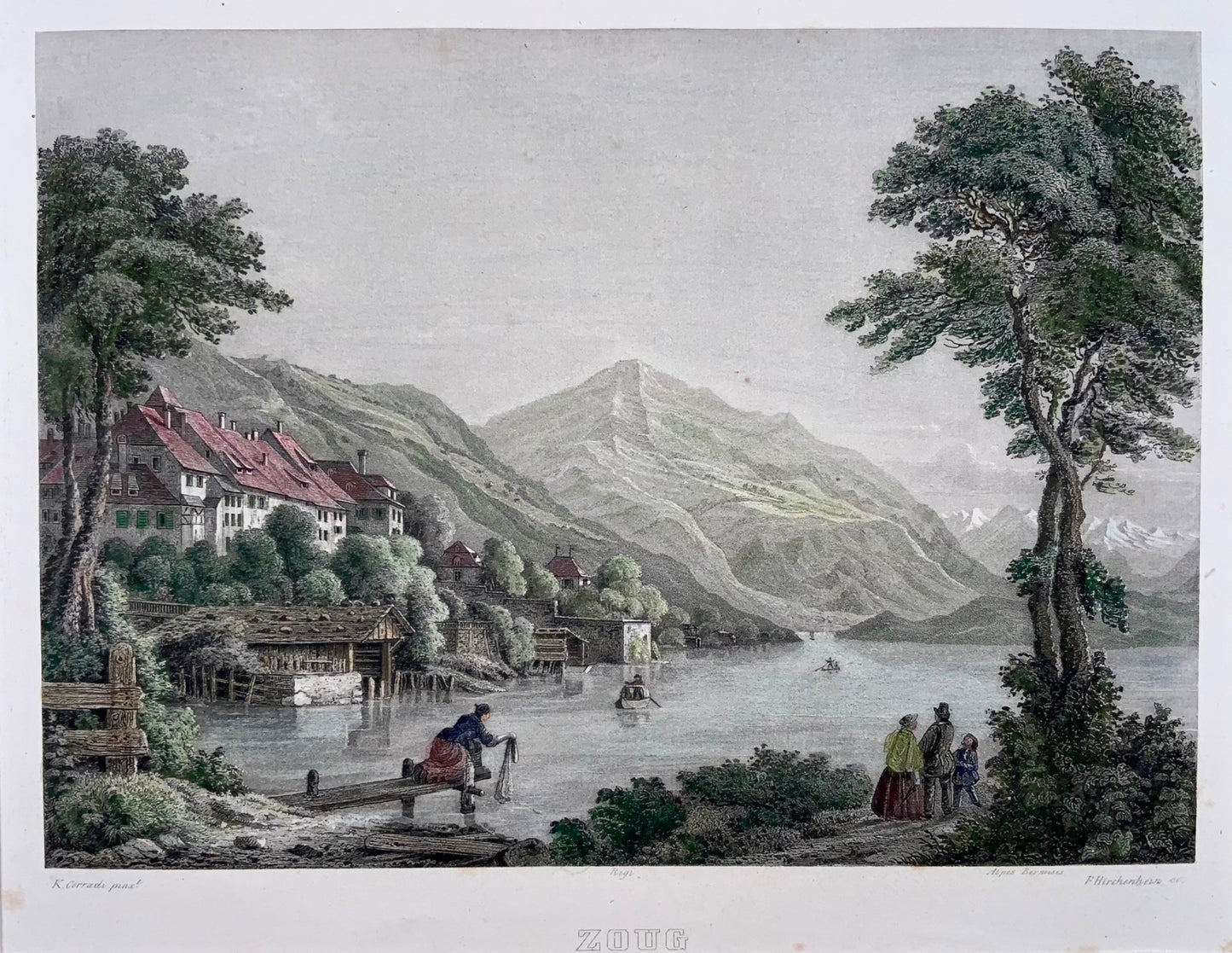 1850 Zoug Zug, Switzerland, large hand coloured aquatint, Corradi