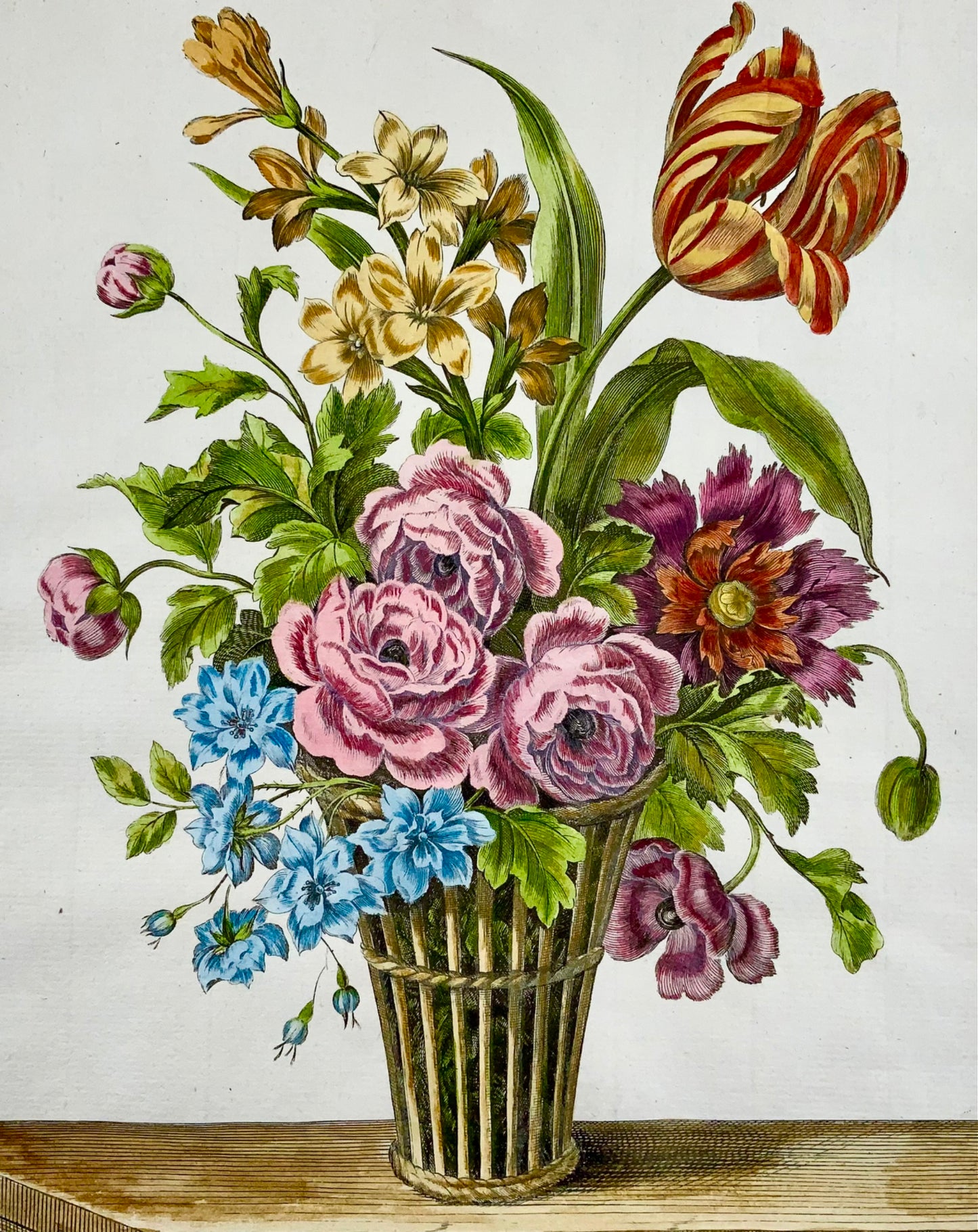 1780 Floral Spring Bouquet, Louis Tessier, folio, tulip, poeny, hand coloured