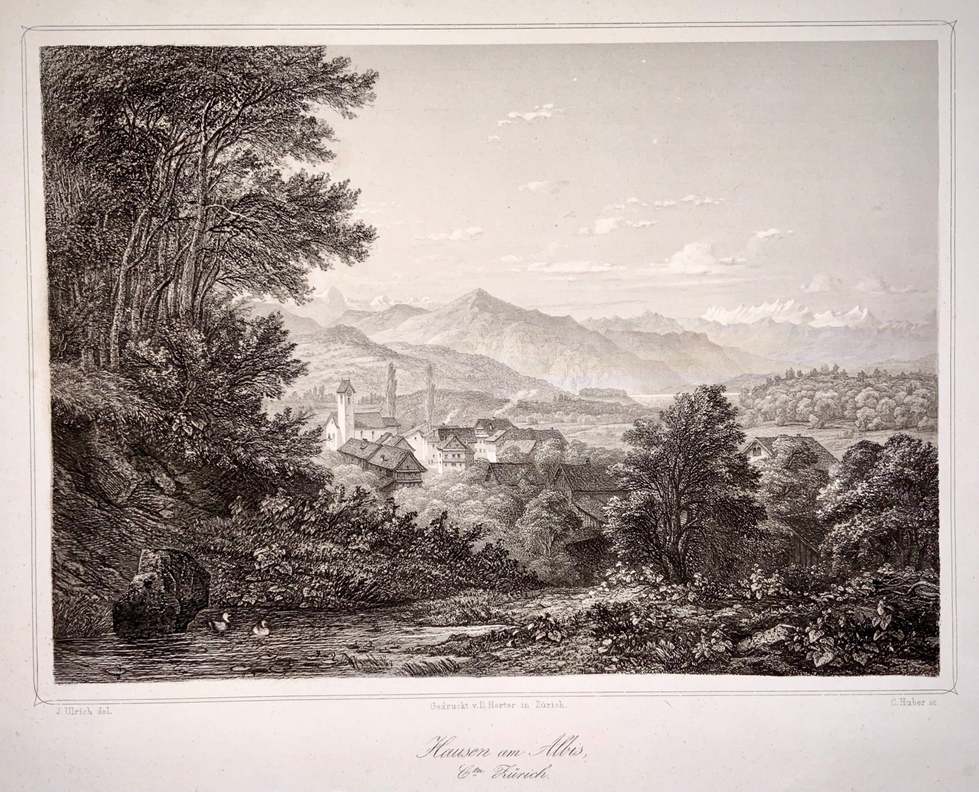 1830 c J. Ulrich del. large steel engraving HAUSEN am ALBIS Switzerland