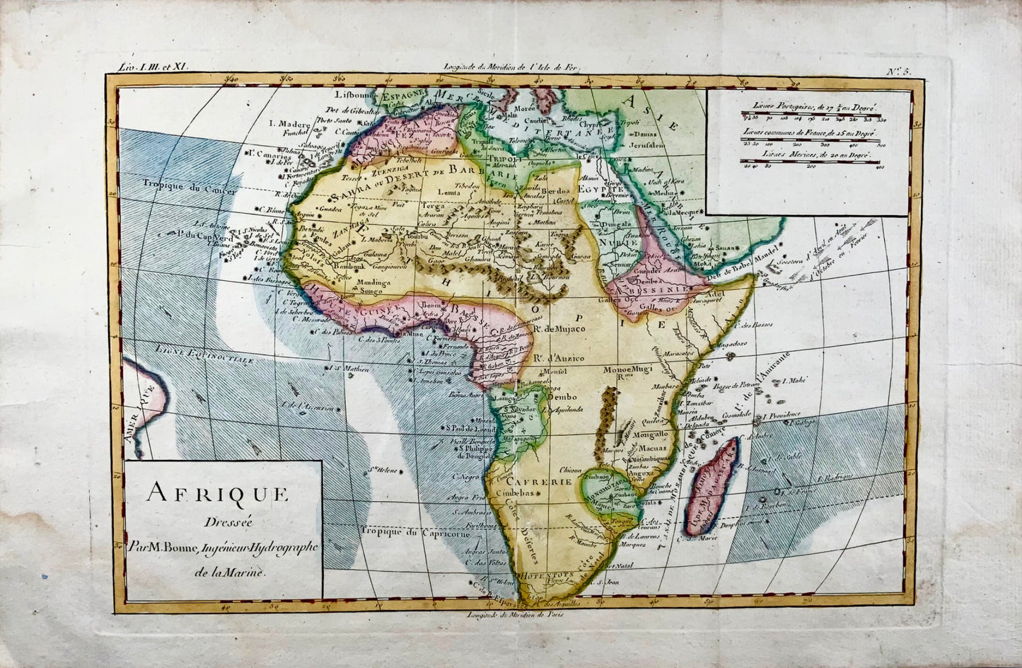 1780 Africa, Bonne, hand coloured, copper engraved map