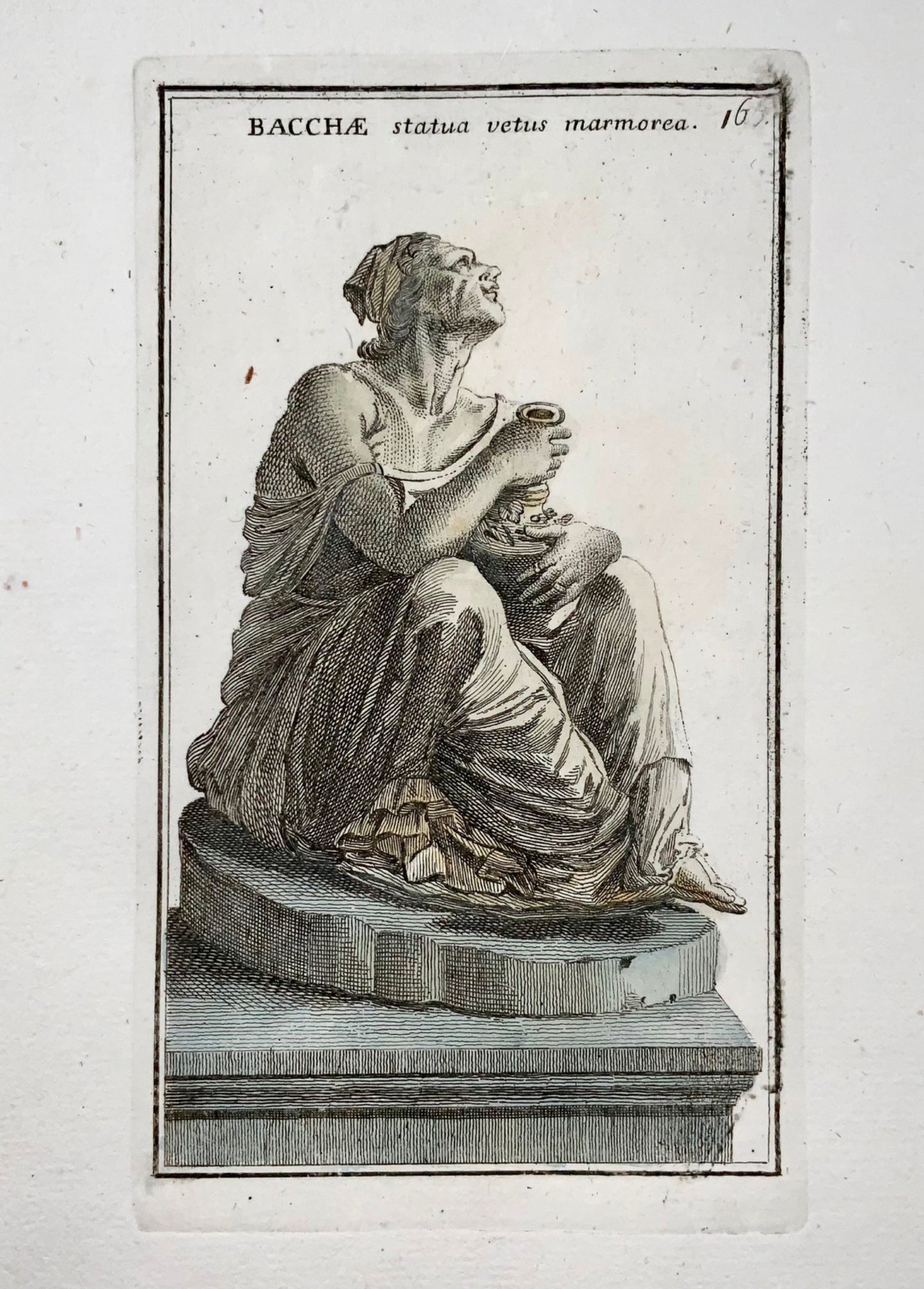 1779 GB Cannetti, Statue de Baccante, mythologie grecque, gravure coloriée à la main